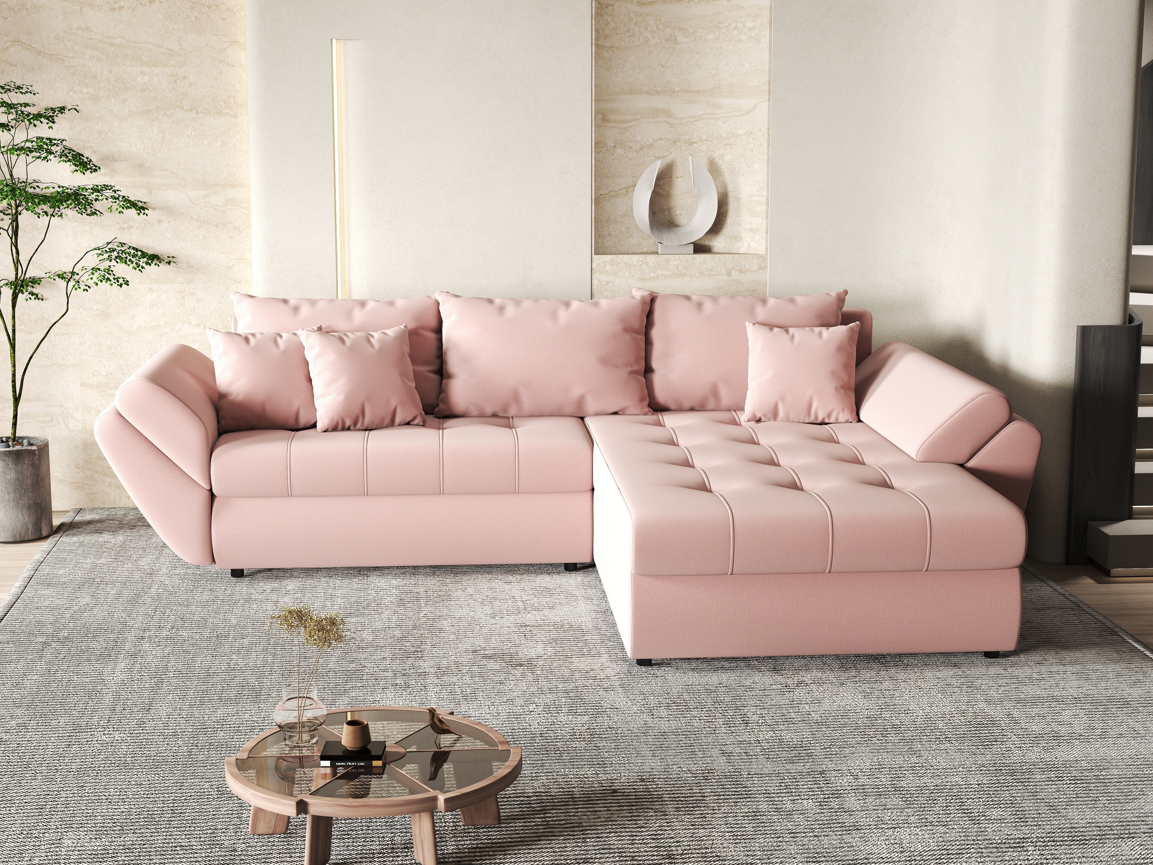 Colțar extensibil dumonde cu ladă de depozitare si sezut confortabil din spuma HR, Loana Royal Pink II 270x185 cm Fabrica