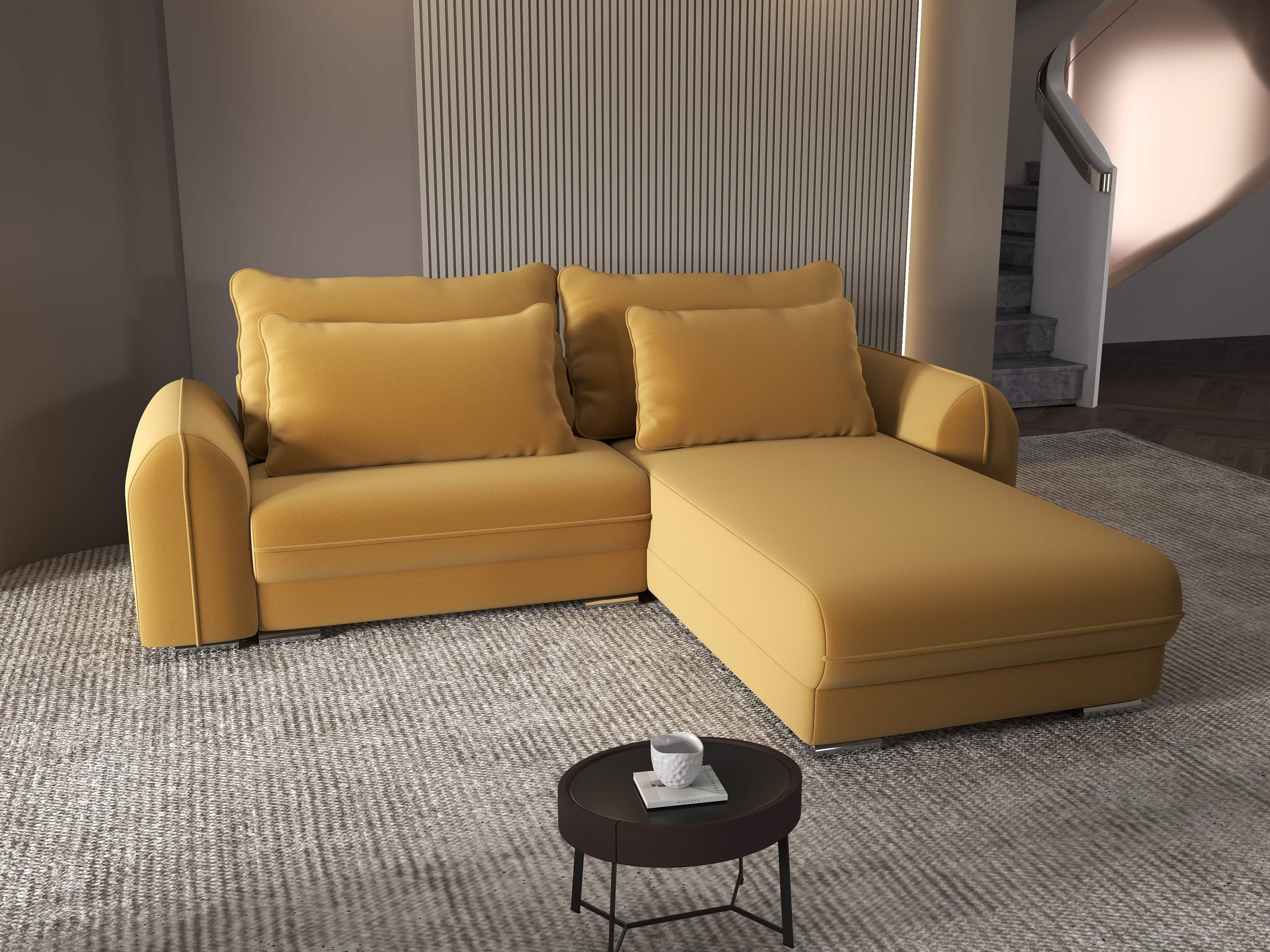 Colțar extensibil dumonde cu ladă de depozitare si sezut confortabil din spuma HR, Denver Royal Mustar 275x185 cm II Fabrica