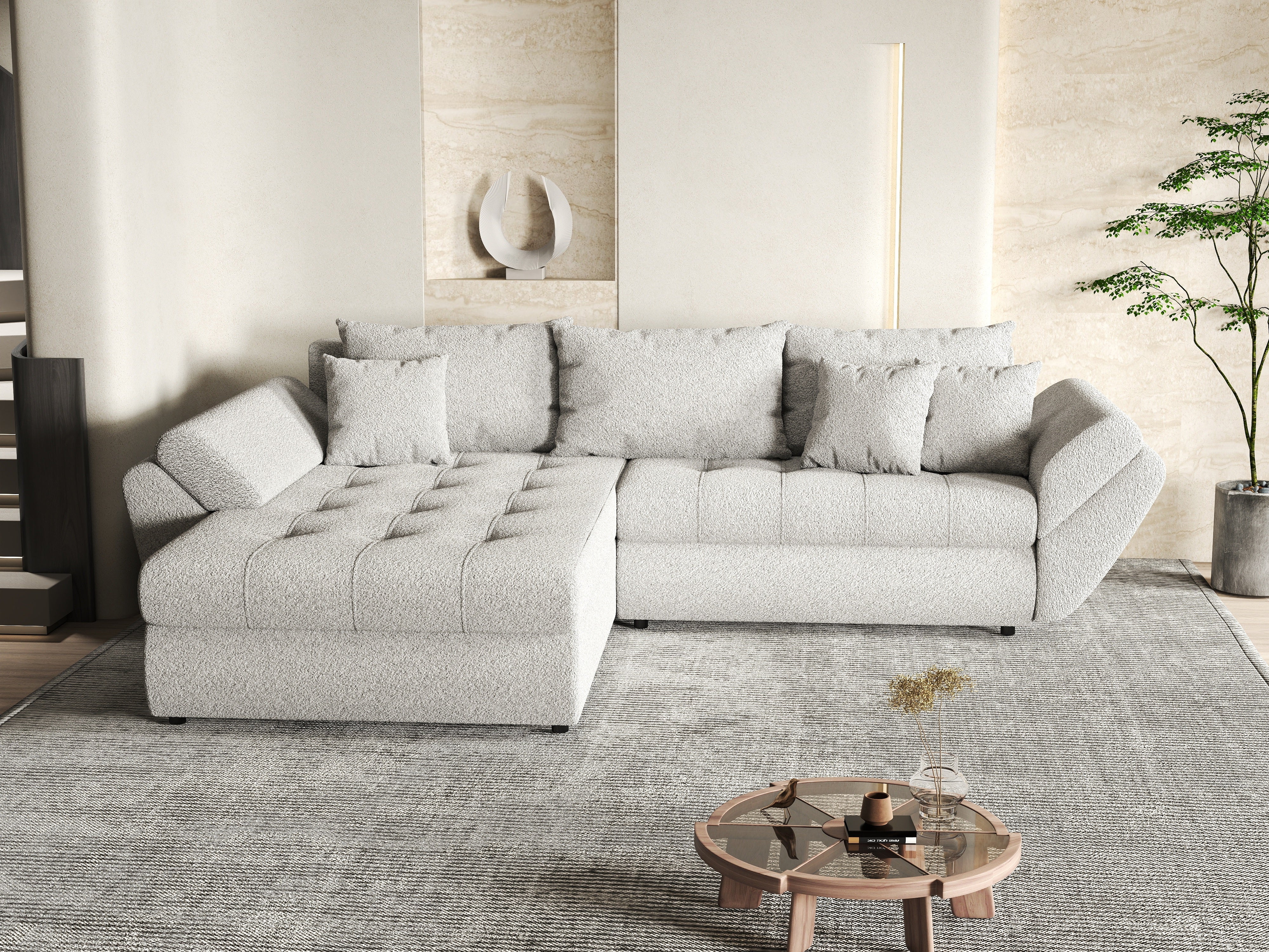 Colțar extensibil dumonde cu ladă de depozitare si sezut confortabil din spuma HR, Loana Euphoria Dove 270x185 cm Fabrica