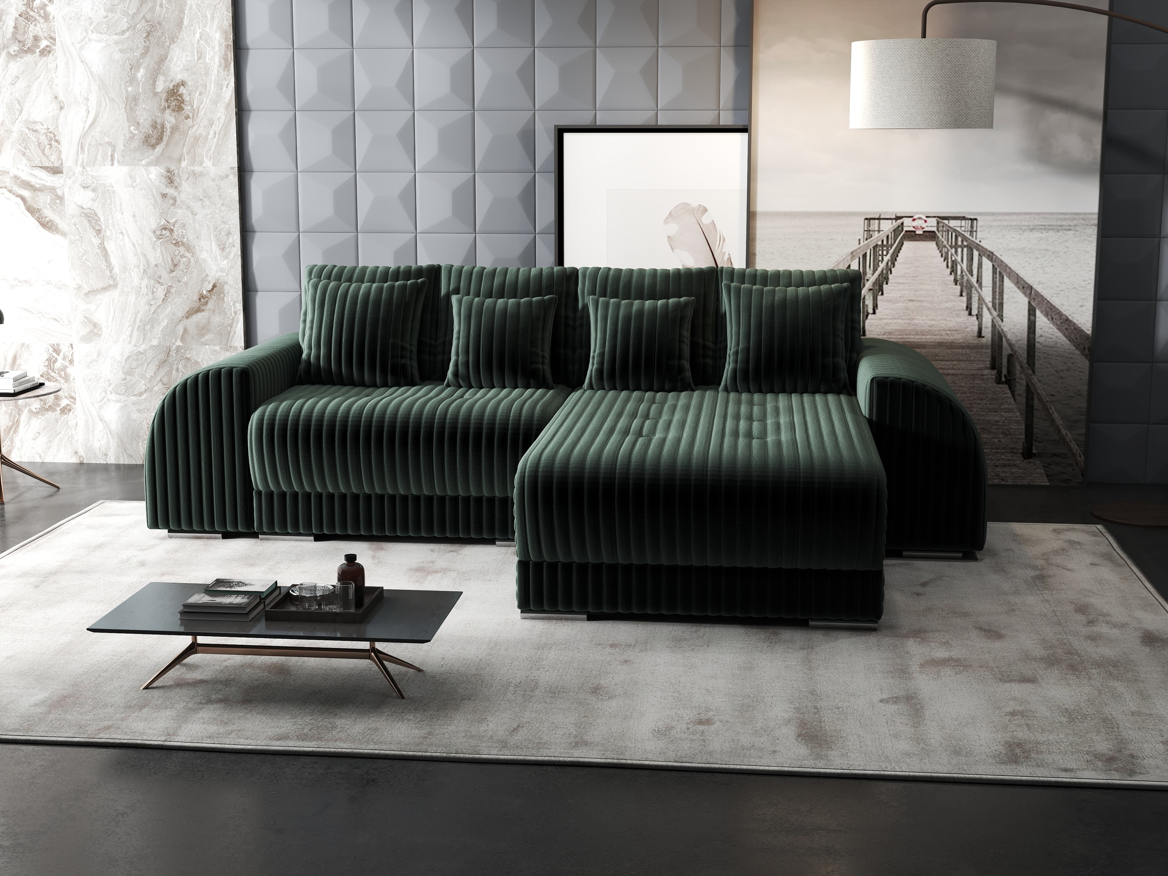 Colțar extensibil dumonde cu ladă de depozitare si sezut confortabil din spuma HR, Verona Ambience Verde II 290x185 cm Fabrica