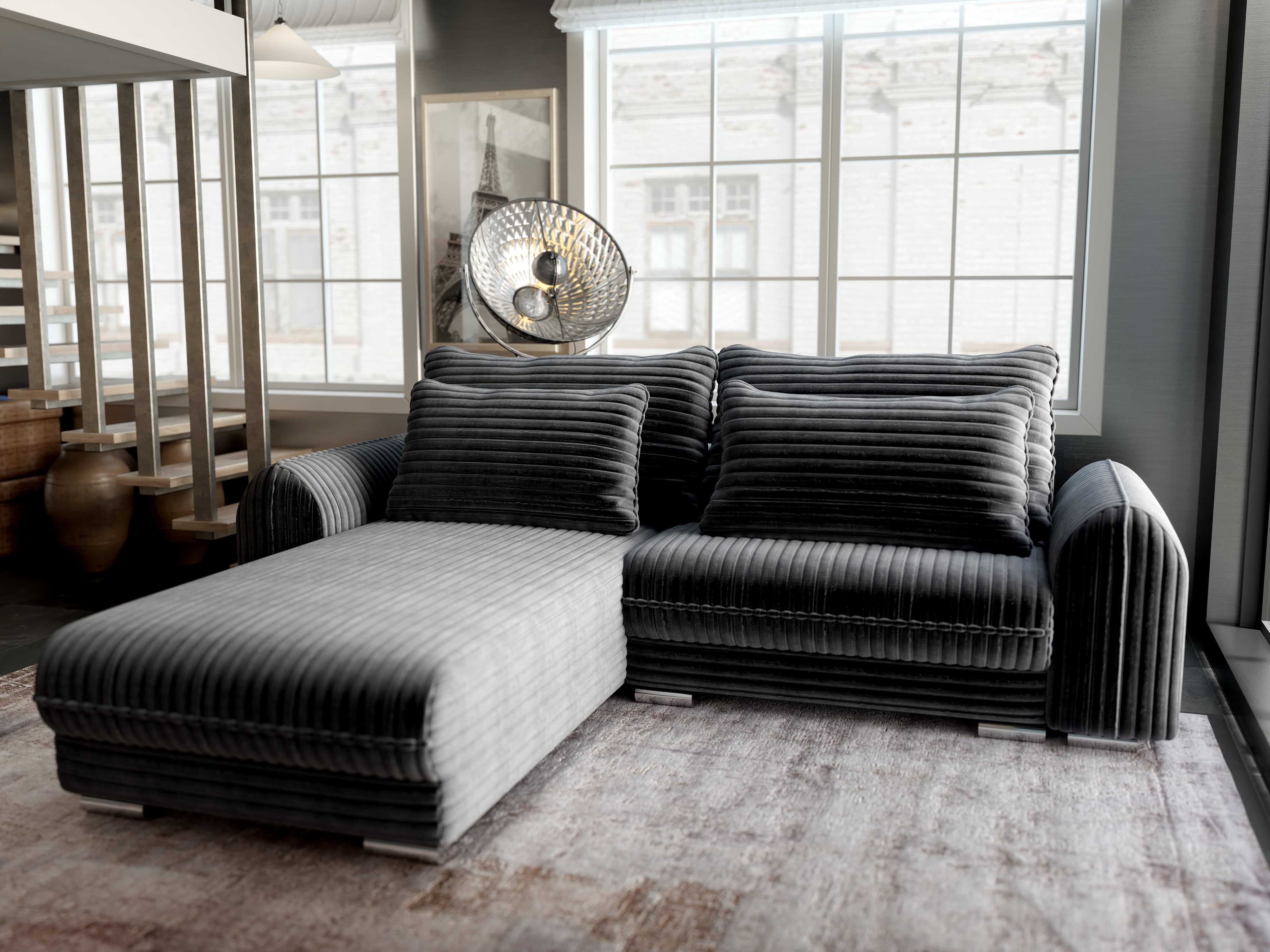 Colțar extensibil dumonde cu ladă de depozitare si sezut confortabil din spuma HR, Denver Ambience Gri 275x185 cm Fabrica