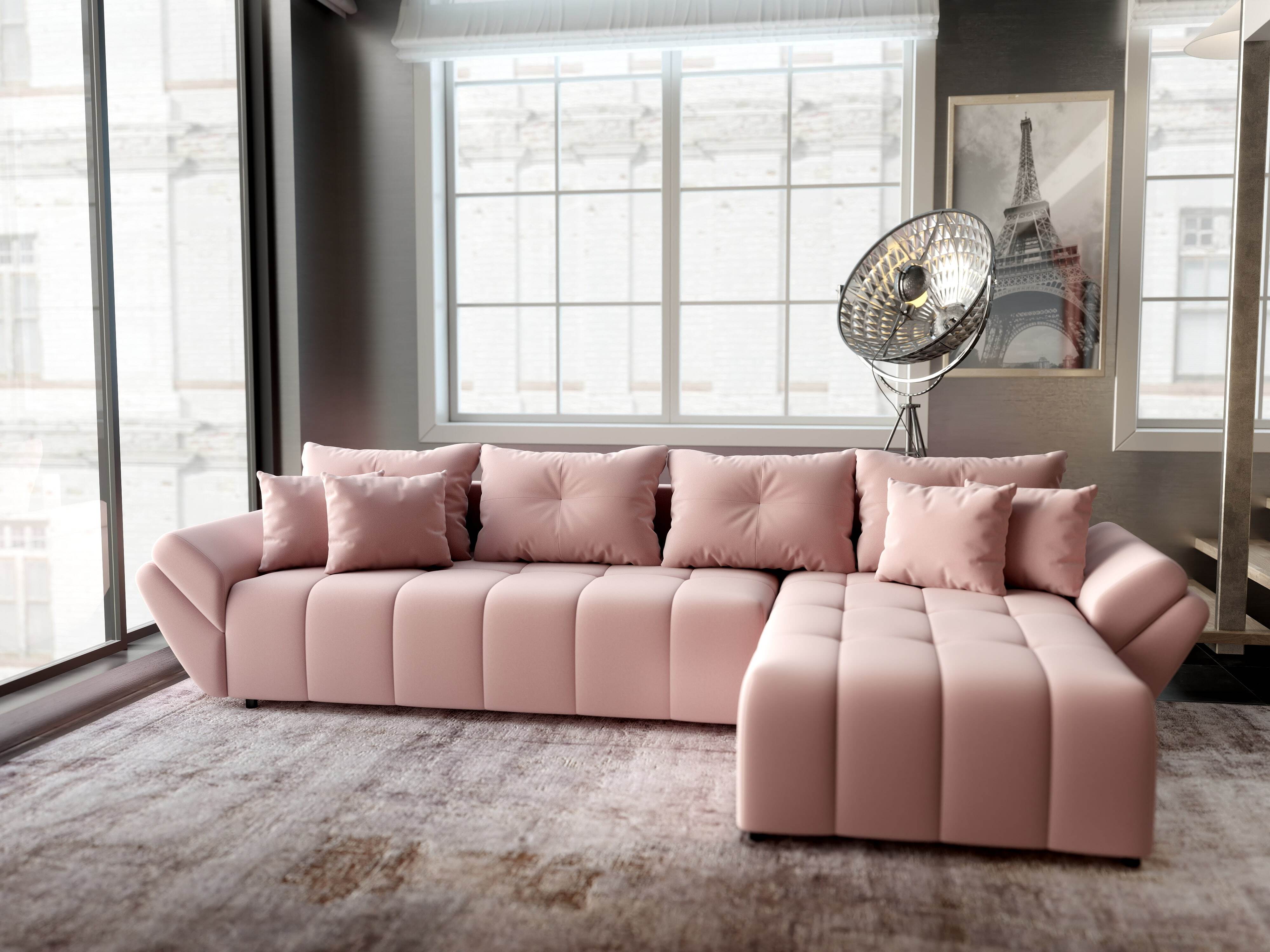 Colțar extensibil dumonde cu ladă de depozitare si sezut confortabil din spuma HR, Berlin XL Royal Roz 350x185 cm II Fabrica