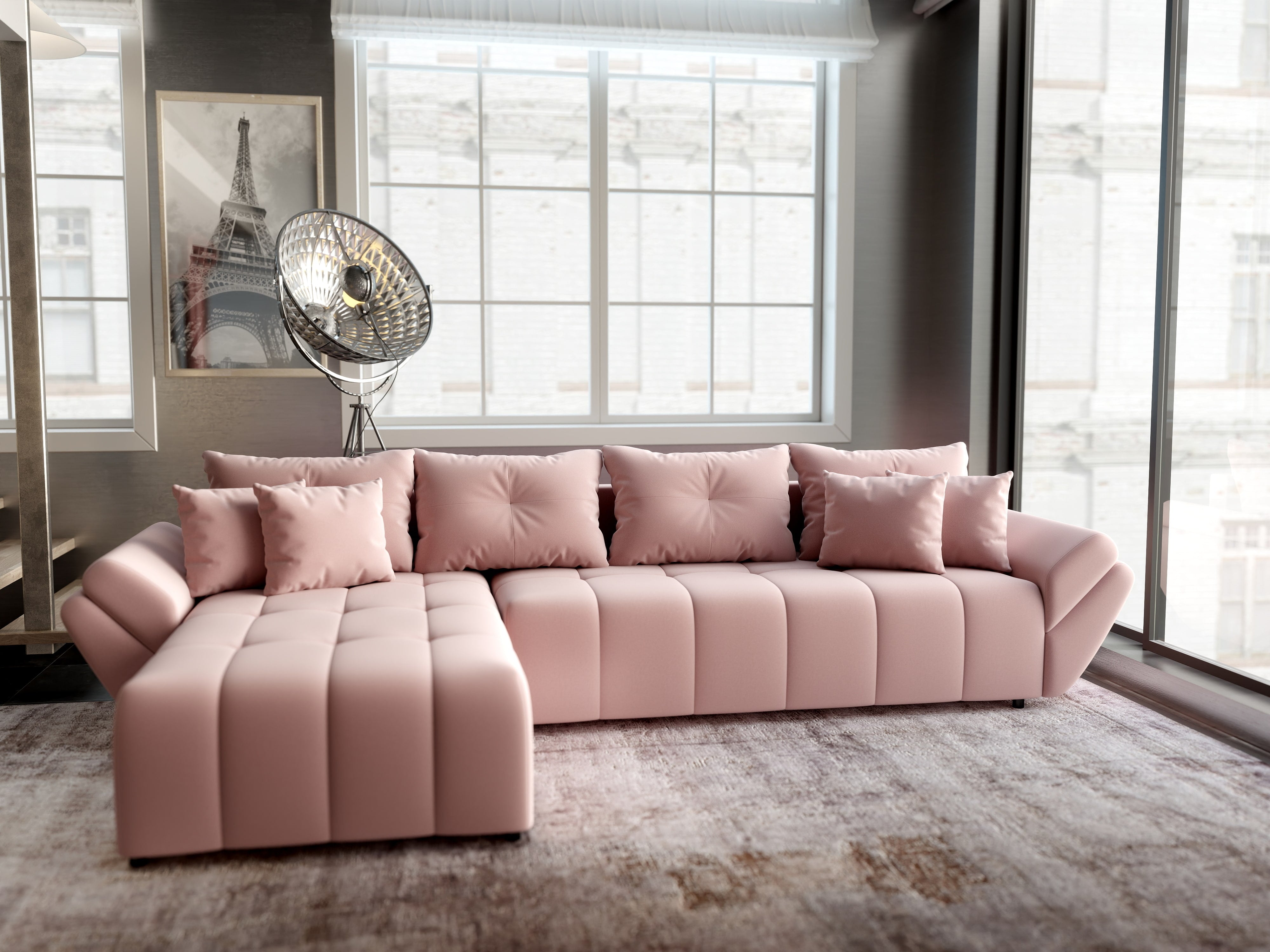 Colțar extensibil dumonde cu ladă de depozitare si sezut confortabil din spuma HR, Berlin XL Royal Roz 350x185 cm Fabrica