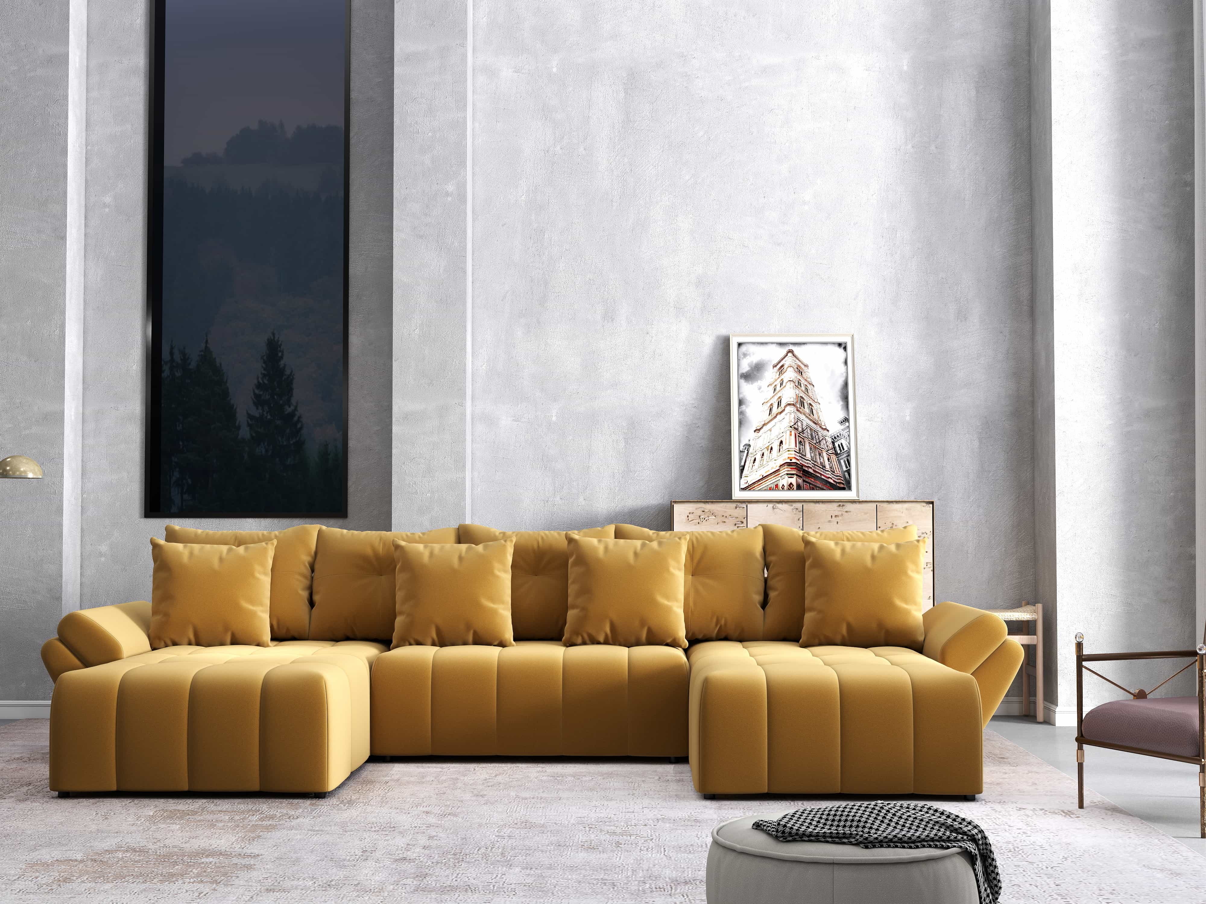 Colțar extensibil dumonde cu ladă de depozitare si sezut confortabil din spuma HR, Berlin U Royal Mustar 380x180 cm Fabrica