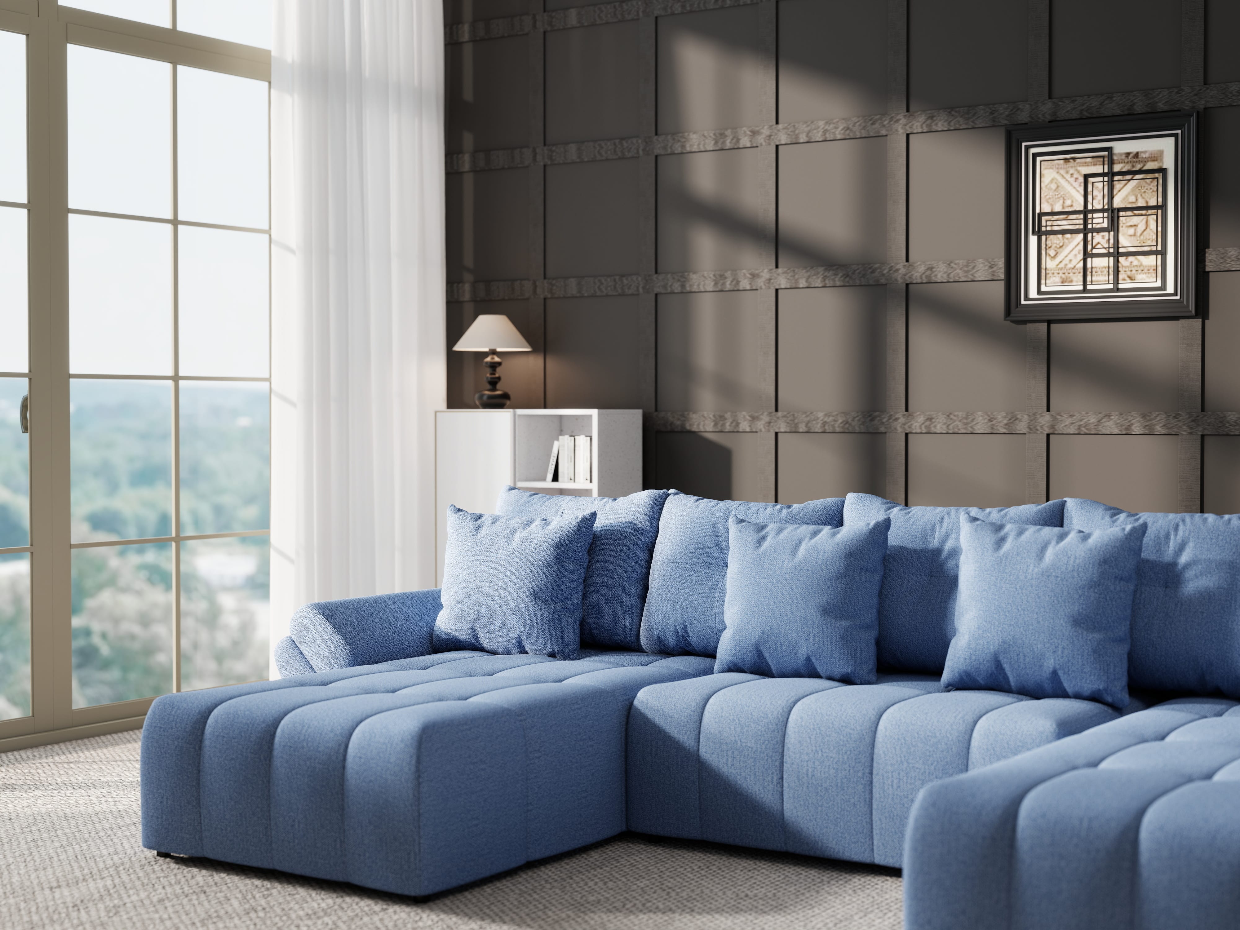 Colțar extensibil dumonde cu ladă de depozitare si sezut confortabil din spuma HR, Berlin U Enjoy Blue 380x180 cm Fabrica