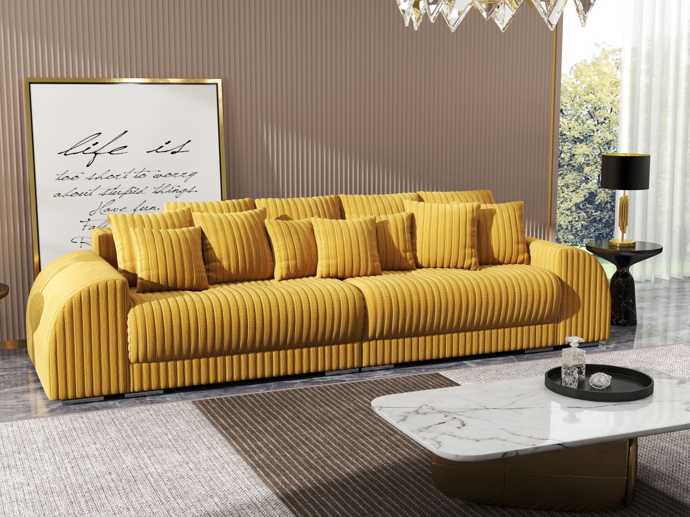 Canapea extensibilă dumonde cu 2 lăzi de depozitare si sezut confortabil din spuma HR, Verona Ambiance Mustar 310x100 cm Fabrica