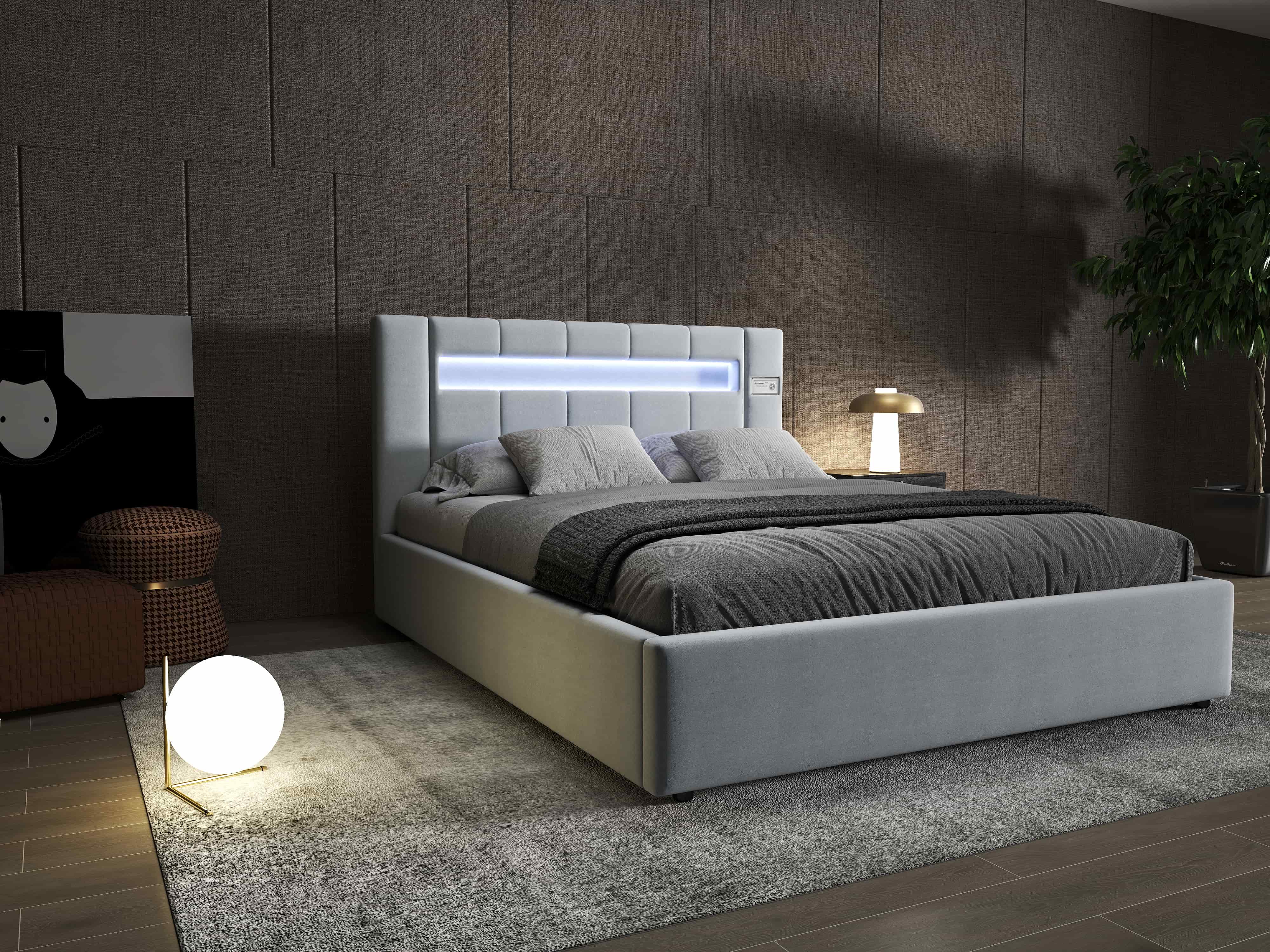 Pat dormitor dumonde, tapitat gri, Glow 180x200 cm, somiera rabatabila inclusa, spatiu depozitare WLS