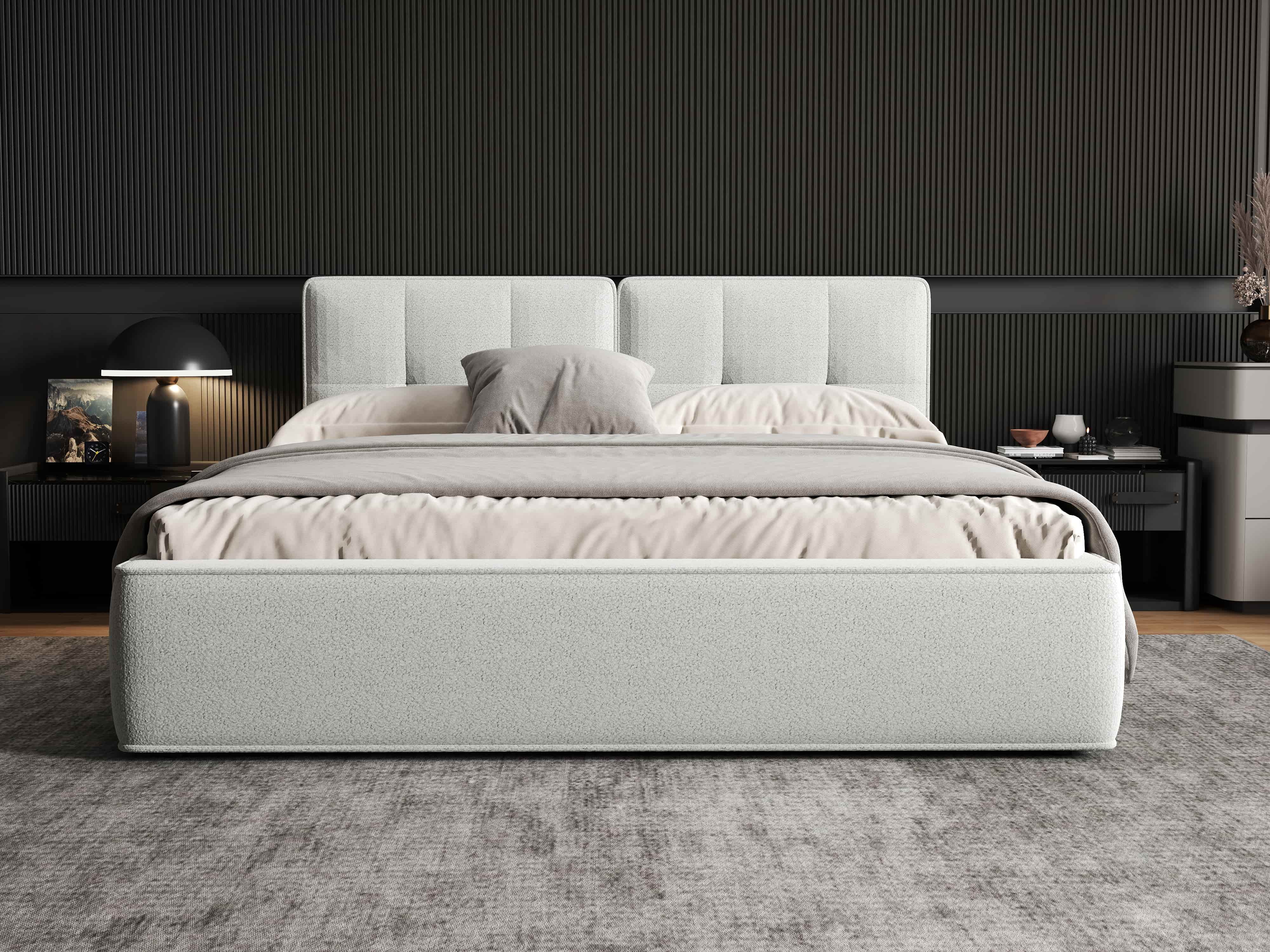 Pat dormitor dumonde, tapitat alb, Madrid 160x200 cm, somiera rabatabila inclusa, spatiu depozitare WLS