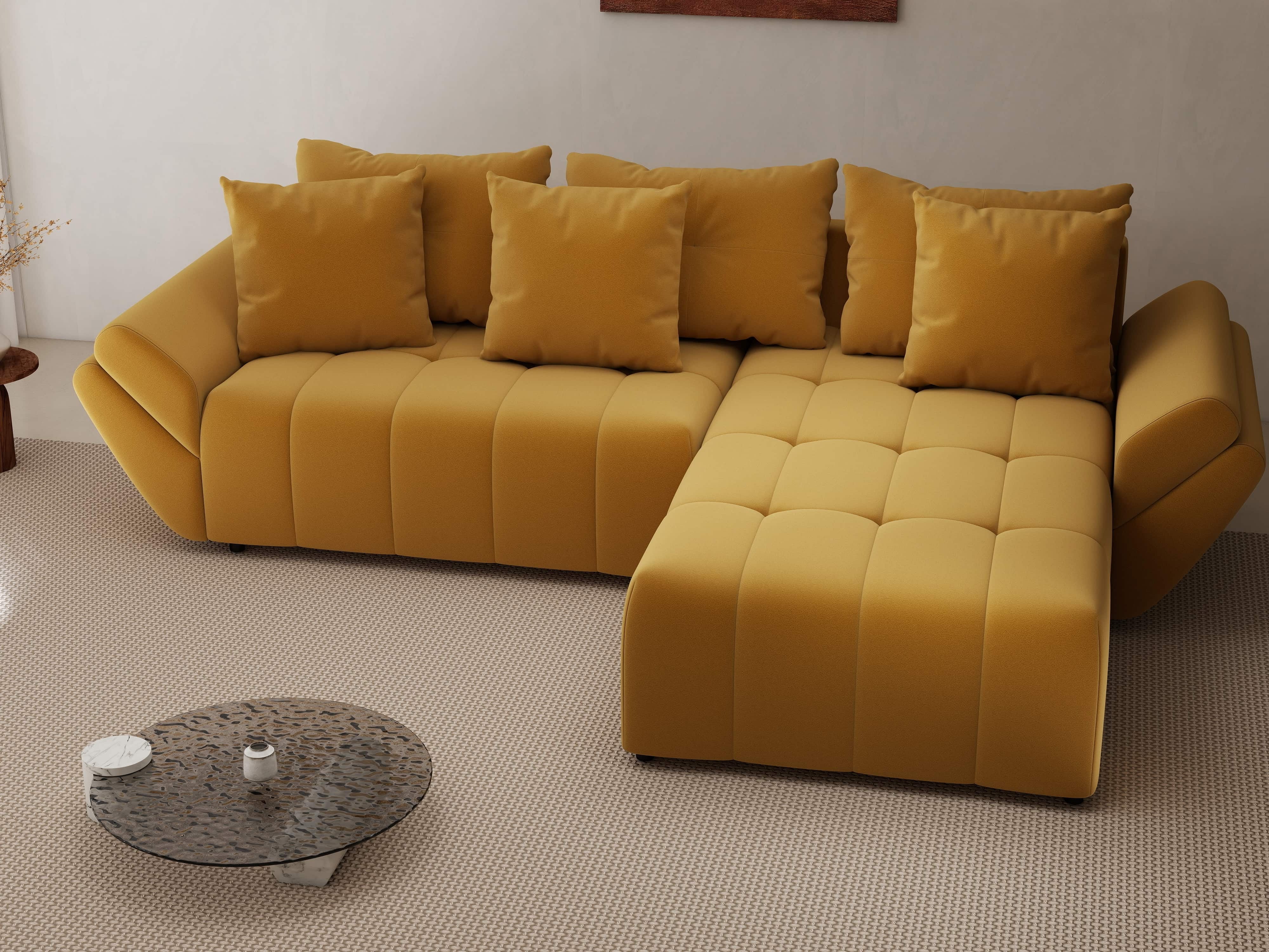 Colțar extensibil dumonde cu ladă de depozitare si sezut confortabil din spuma HR, Berlin Royal Mustar 280x185 cm II Fabrica