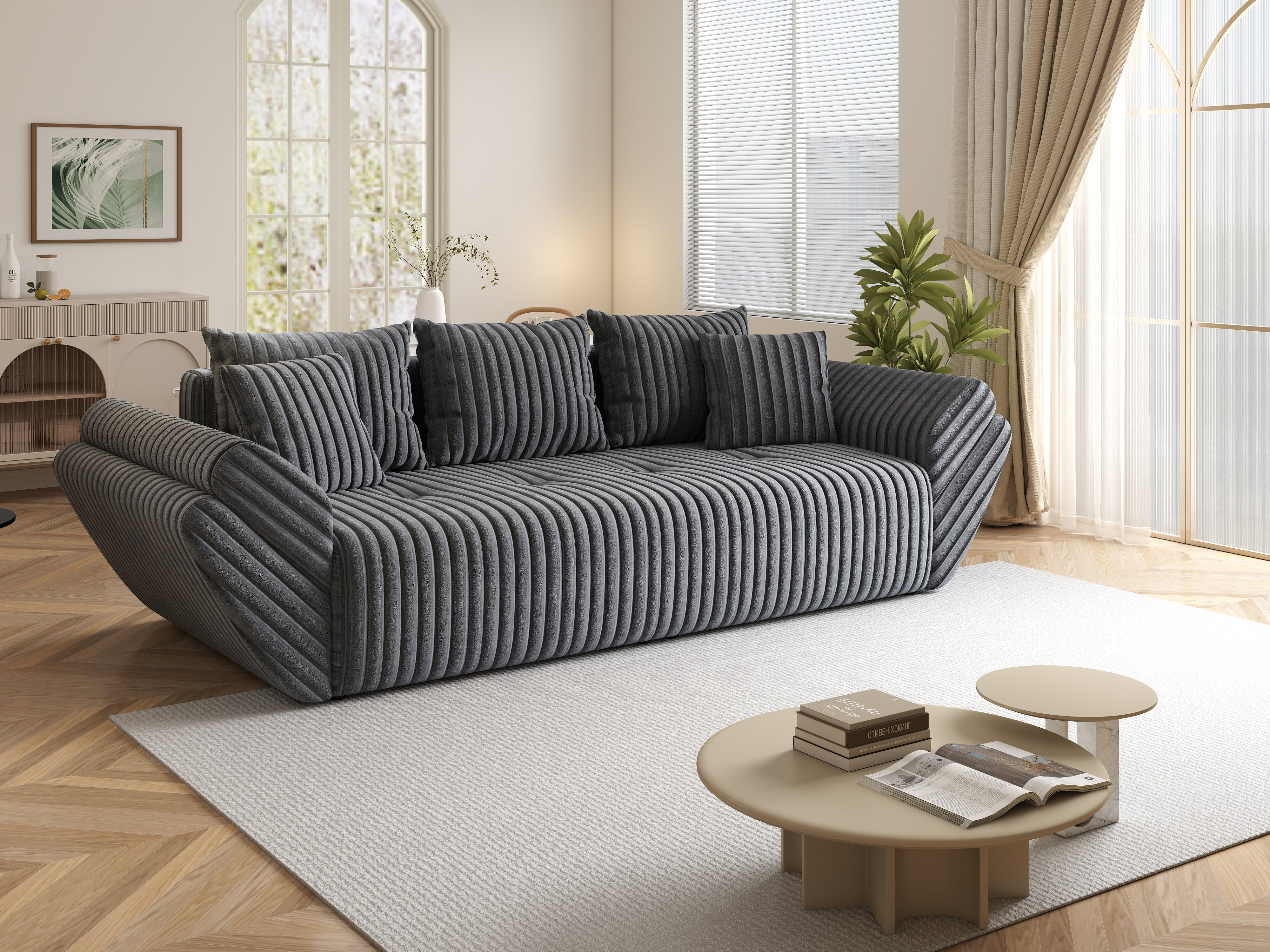 Canapea extensibilă dumonde cu ladă de depozitare si sezut confortabil din spuma HR, Berlin Ambience Grey 250x100 cm Fabrica