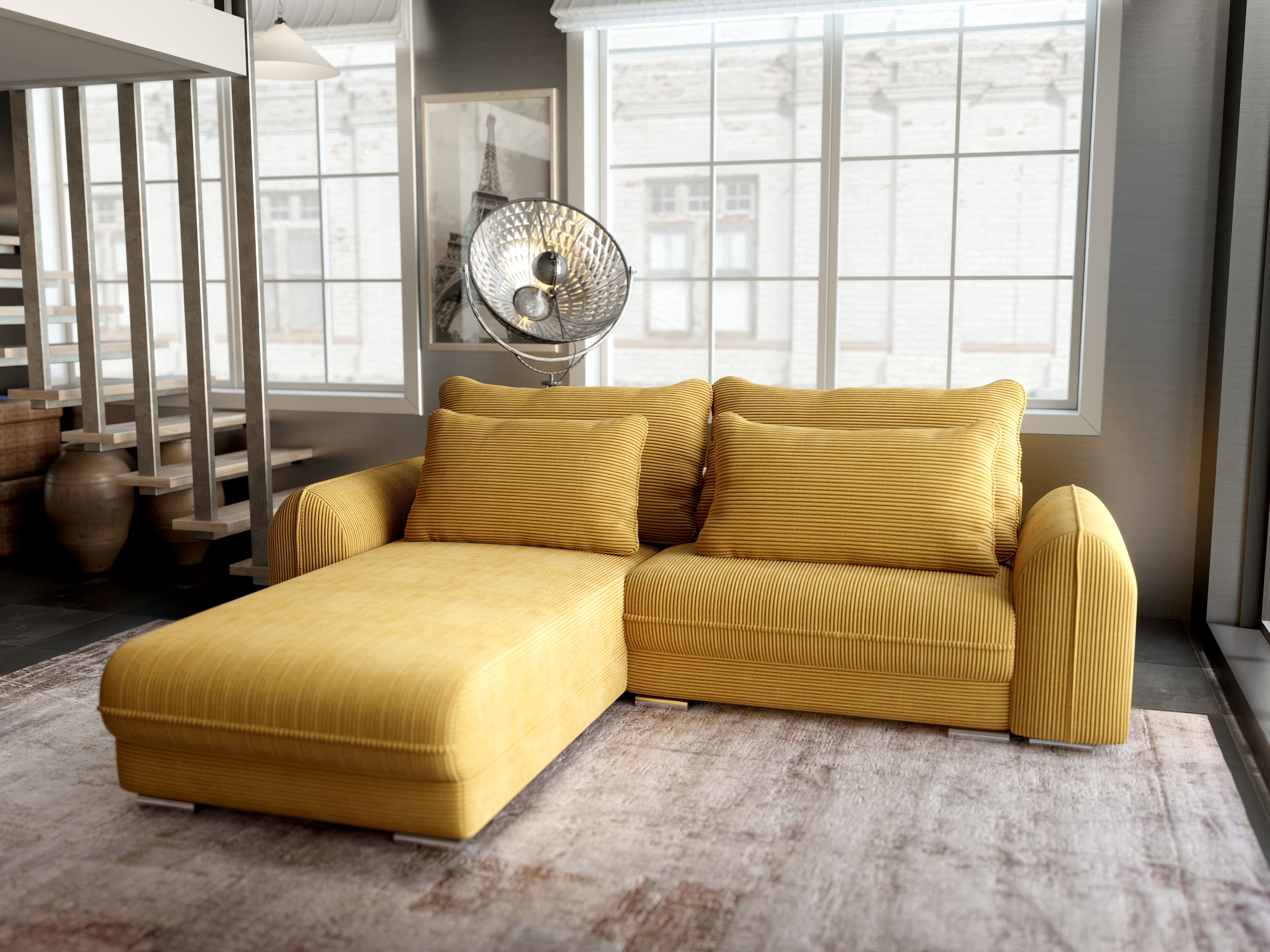 Colțar extensibil dumonde cu ladă de depozitare si sezut confortabil din spuma HR, Denver Zoom Mustar 275x185 cm Fabrica