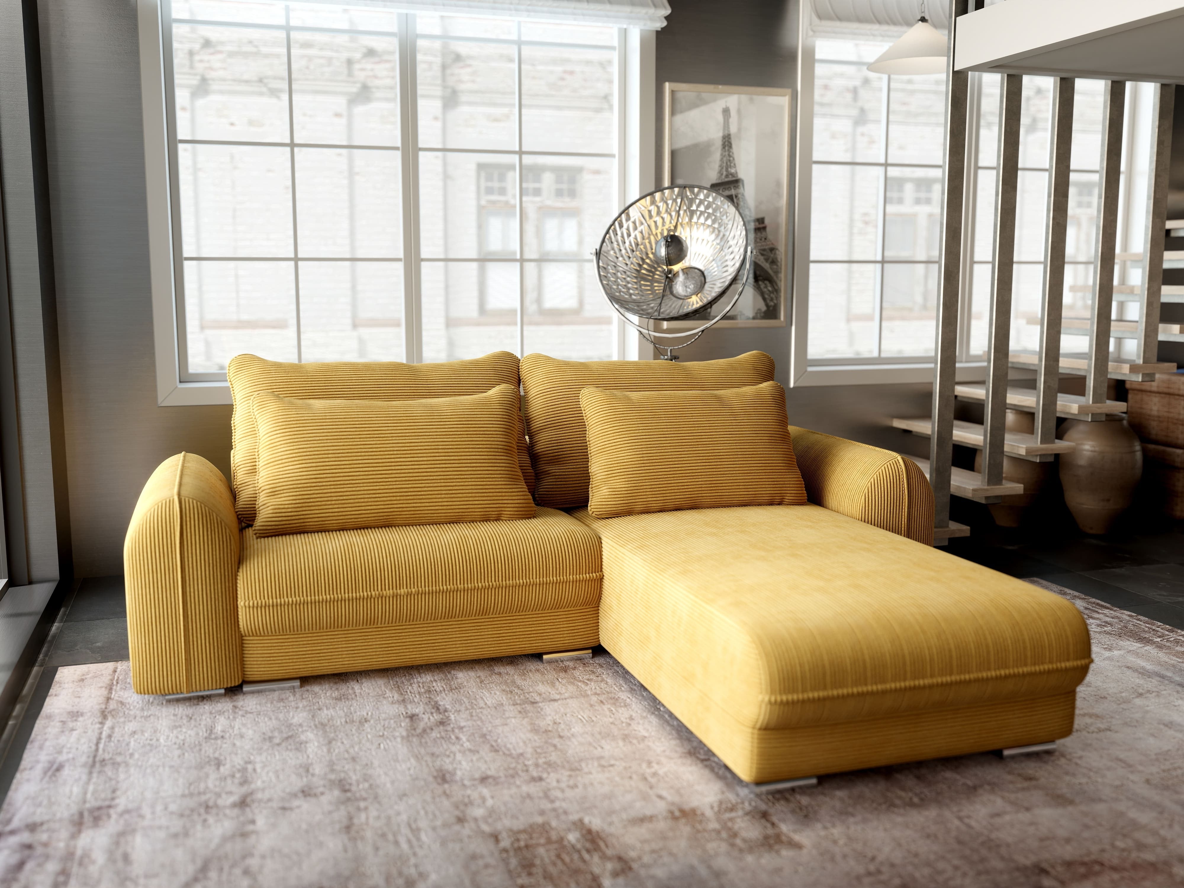 Colțar extensibil dumonde cu ladă de depozitare si sezut confortabil din spuma HR, Denver Zoom Mustar 275x185 cm II Fabrica