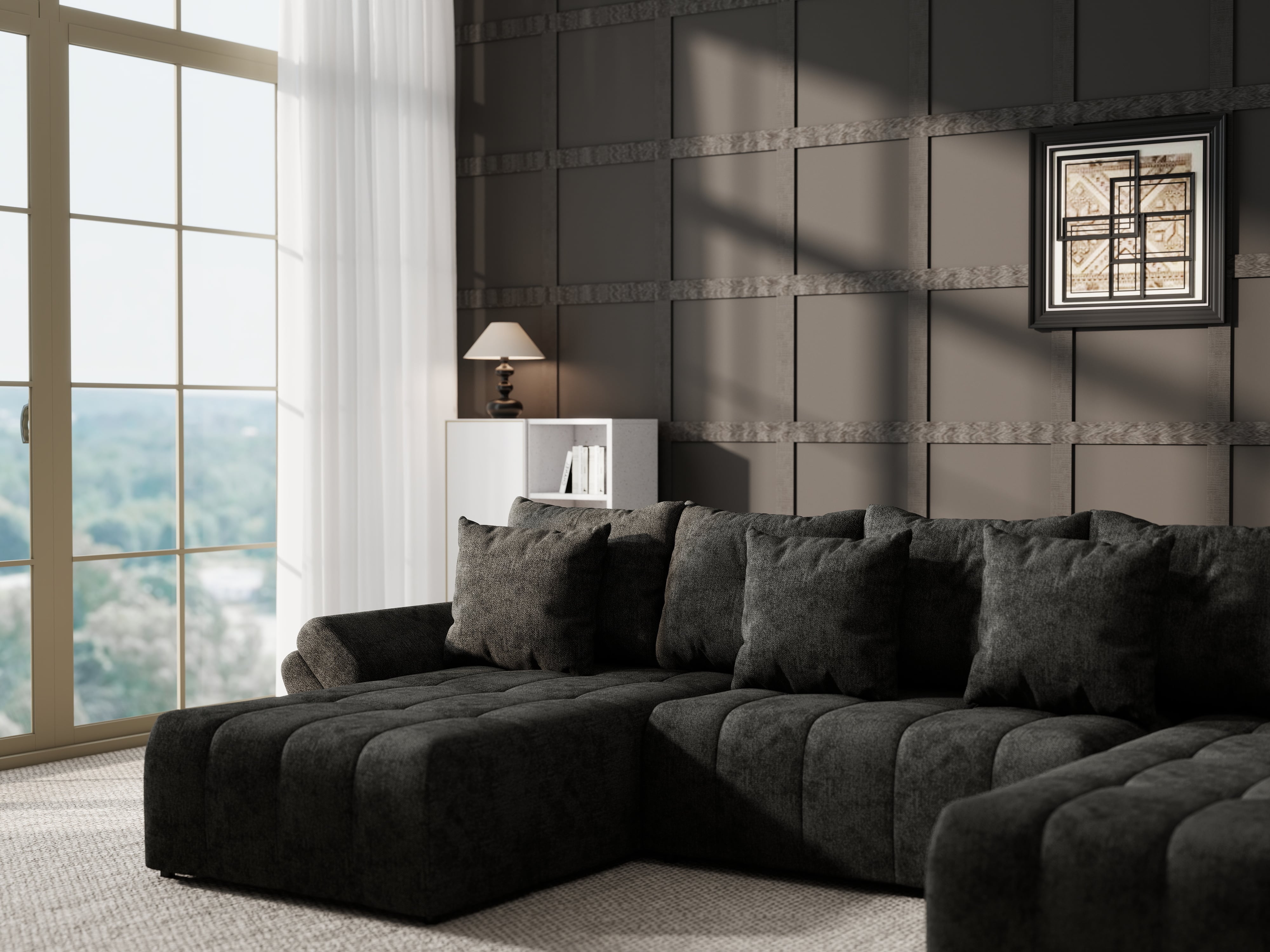 Colțar extensibil dumonde cu ladă de depozitare si sezut confortabil din spuma HR, Berlin U Enjoy Black 380x180 cm Fabrica