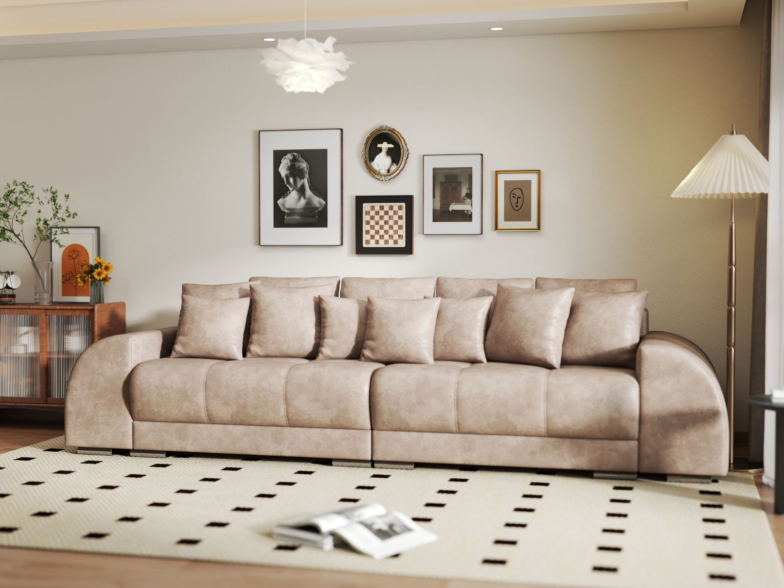 Canapea extensibilă dumonde cu 2 lăzi de depozitare si sezut confortabil din spuma HR, Big Sofa Verona Tobago Beige 310x100 cm Fabrica