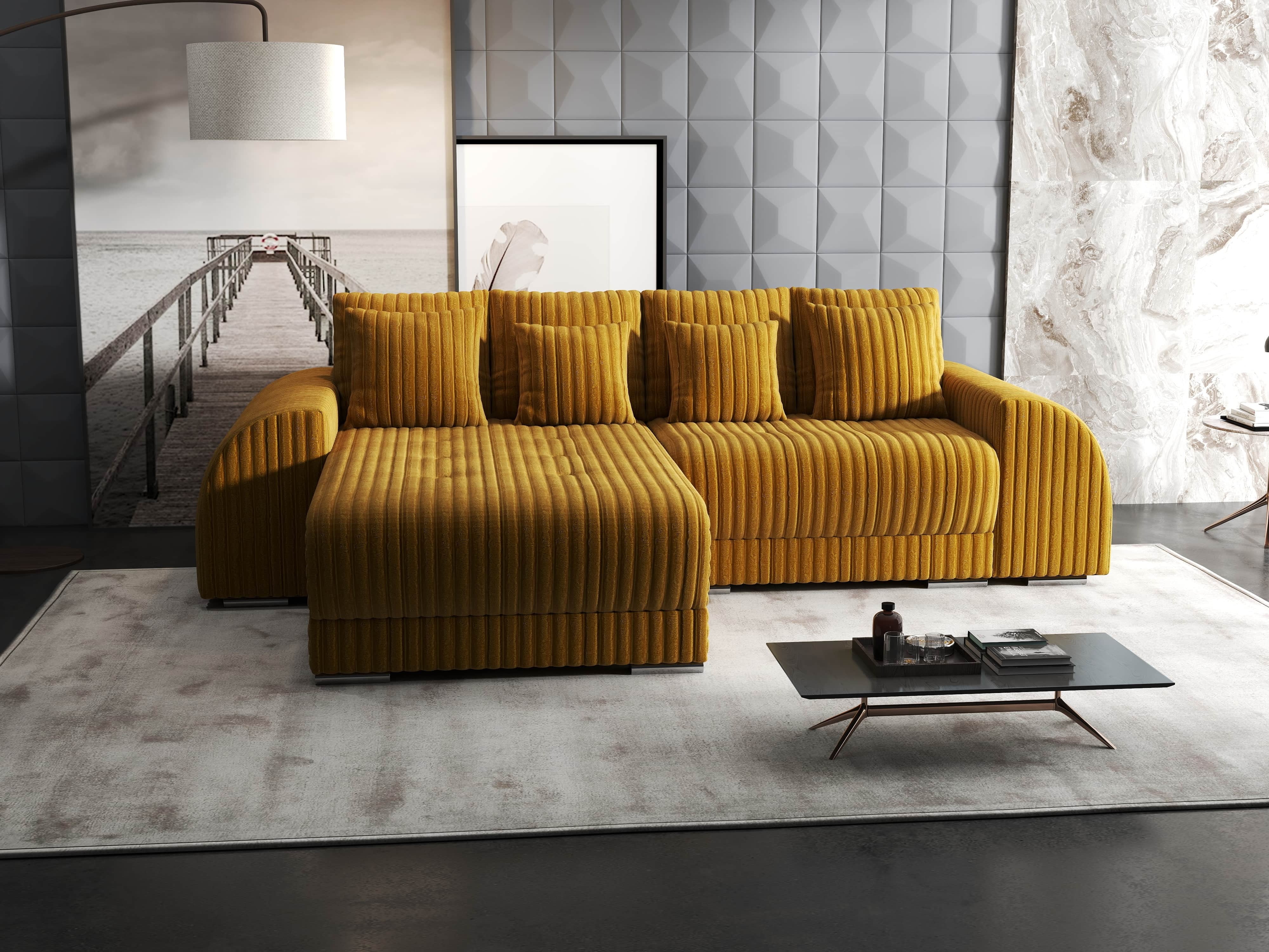 Colțar extensibil dumonde cu ladă de depozitare si sezut confortabil din spuma HR, Verona Ambience Mustar 290x185 cm Fabrica