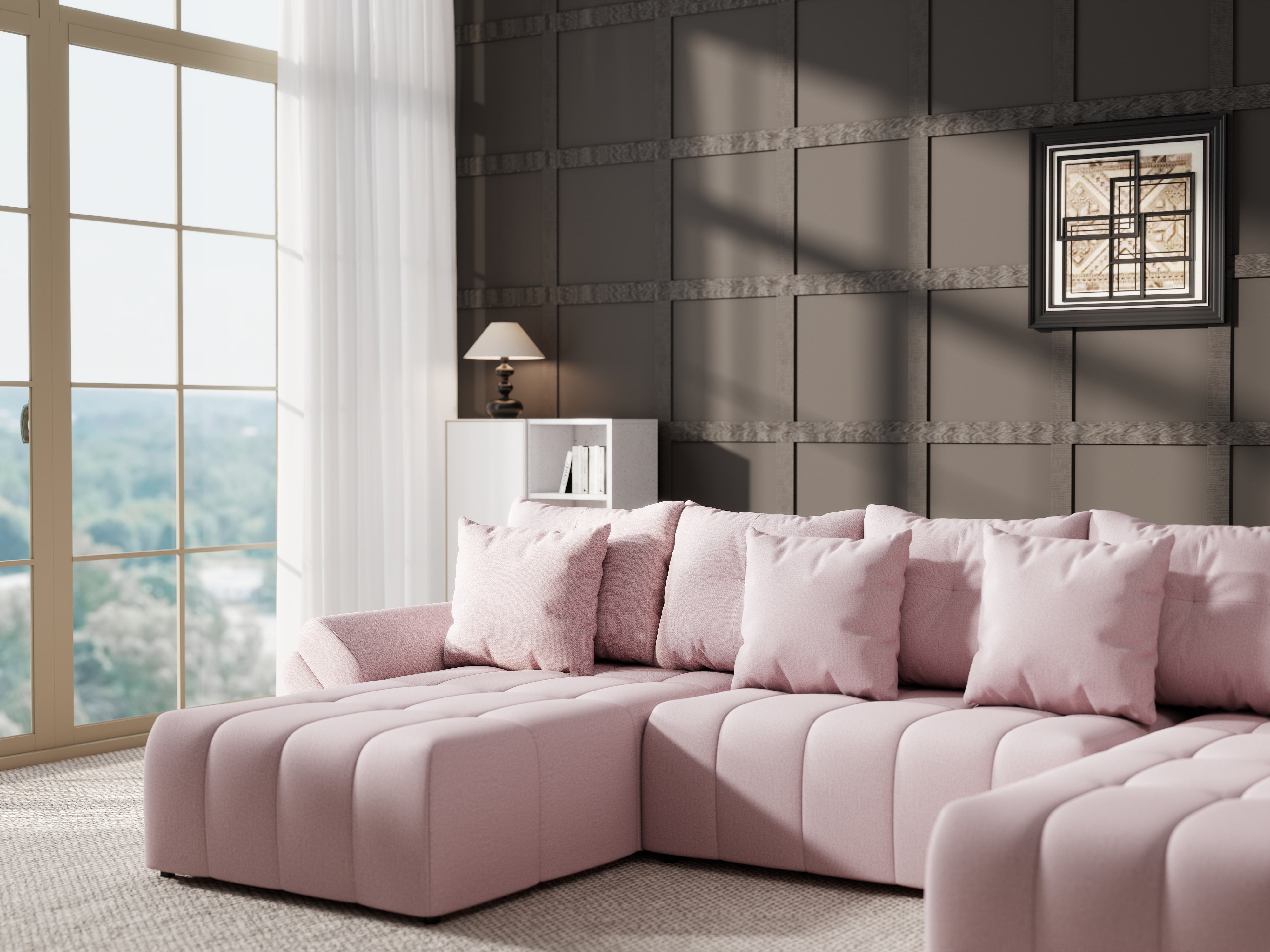 Colțar extensibil dumonde cu ladă de depozitare si sezut confortabil din spuma HR, Berlin U Enjoy Flamingo 380x180 cm Fabrica