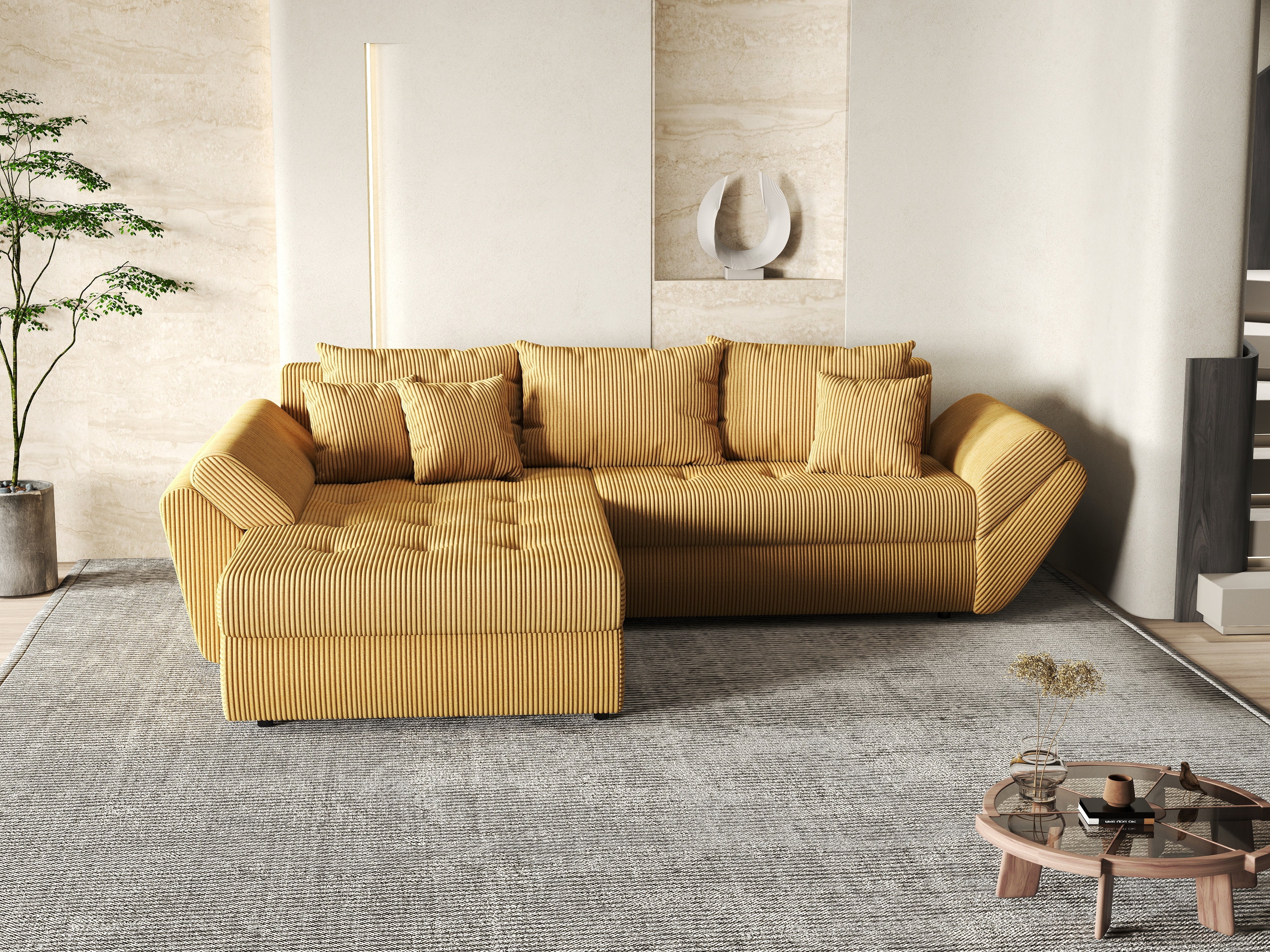 Colțar extensibil dumonde cu ladă de depozitare si sezut confortabil din spuma HR, Loana Zoom Mustar 270x185 cm Fabrica