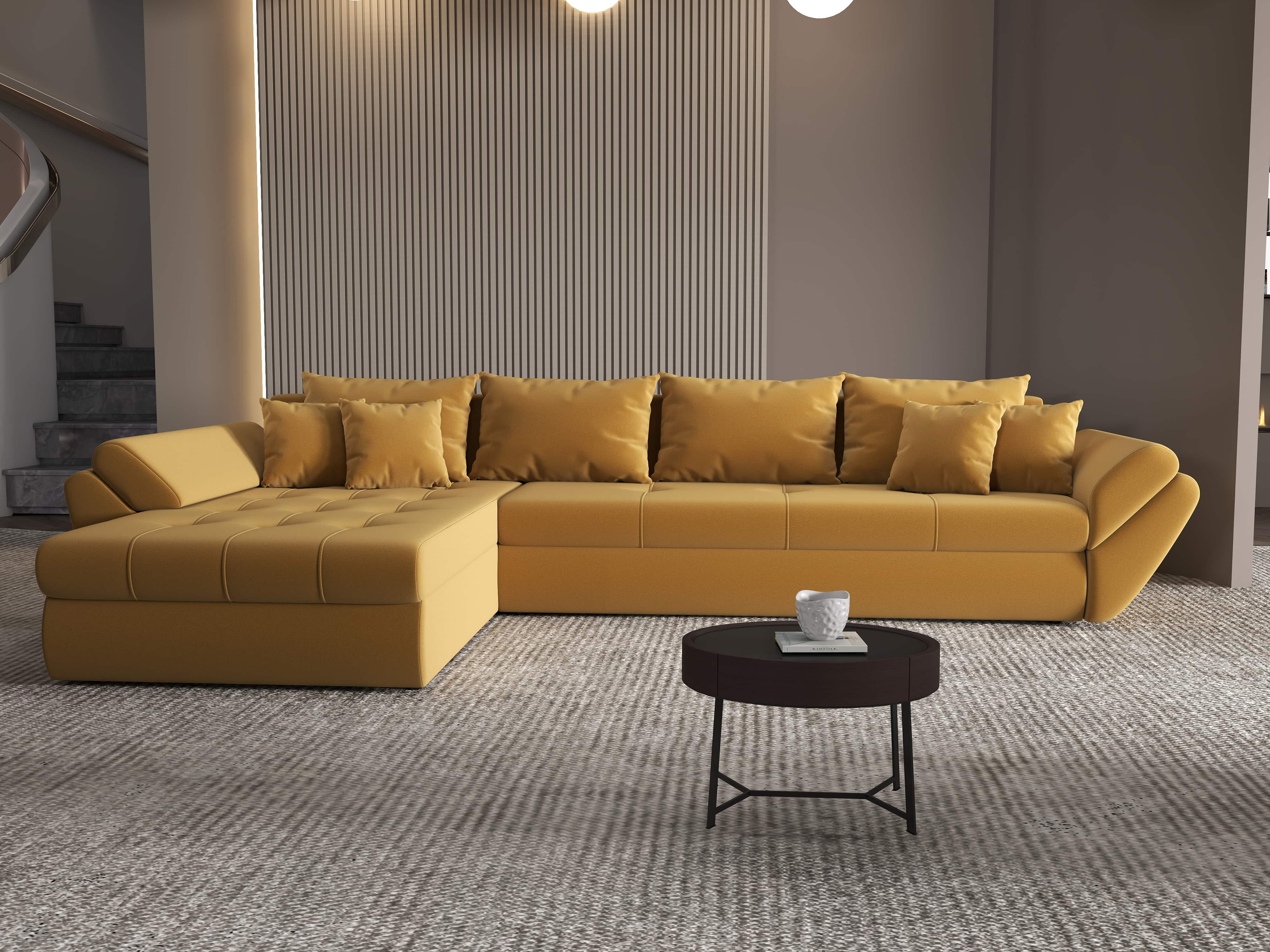 Colțar extensibil dumonde cu ladă de depozitare si sezut confortabil din spuma HR, Loana XL Royal Mustar 335x185 cm Fabrica