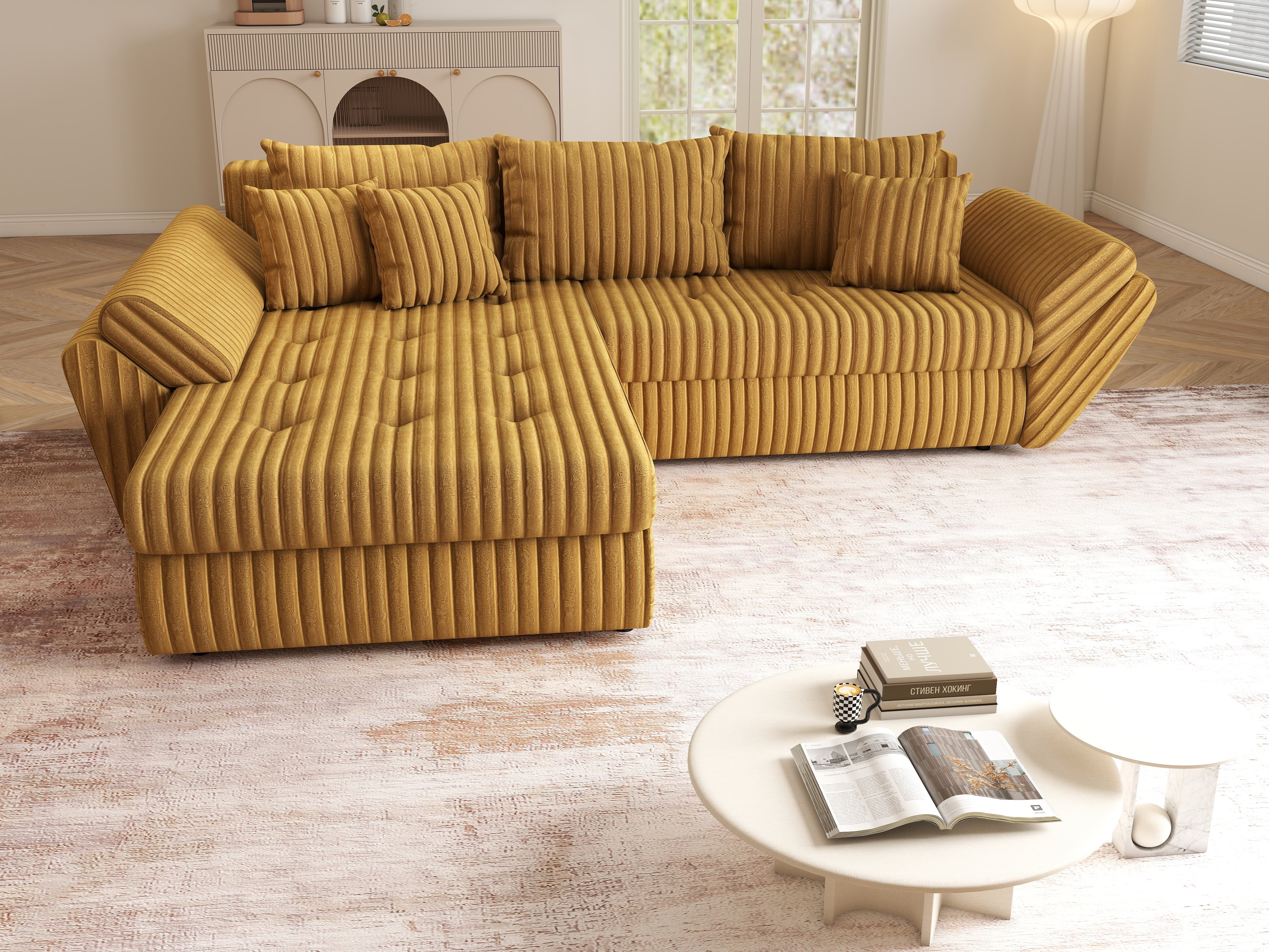 Colțar extensibil dumonde cu ladă de depozitare si sezut confortabil din spuma HR, Loana Ambience Mustar 270x185 cm Fabrica