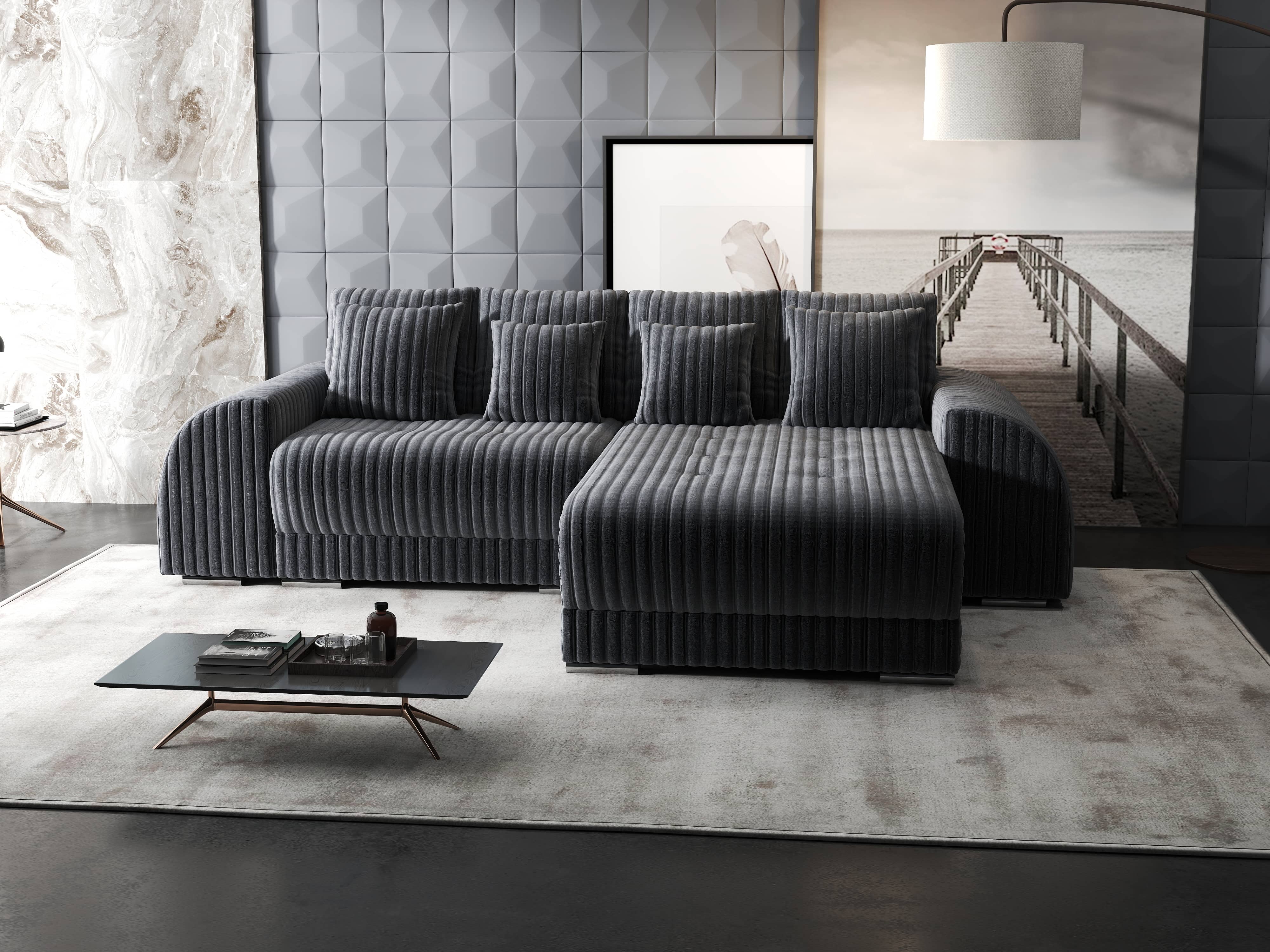 Colțar extensibil dumonde cu ladă de depozitare si sezut confortabil din spuma HR, Verona Ambience Gri II 290x185 cm Fabrica