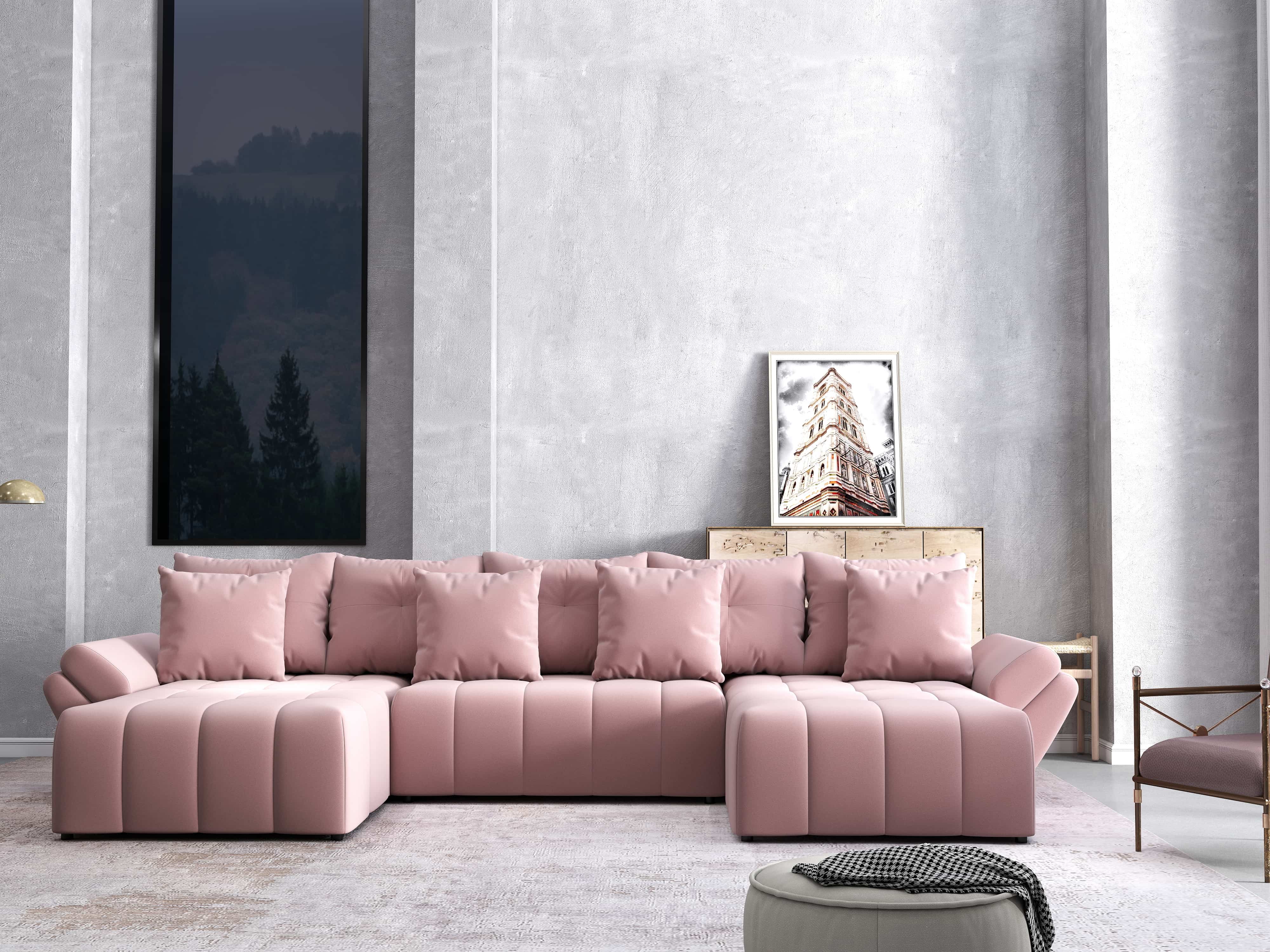 Colțar extensibil dumonde cu ladă de depozitare si sezut confortabil din spuma HR, Berlin U Royal Roz 380x180 cm Fabrica