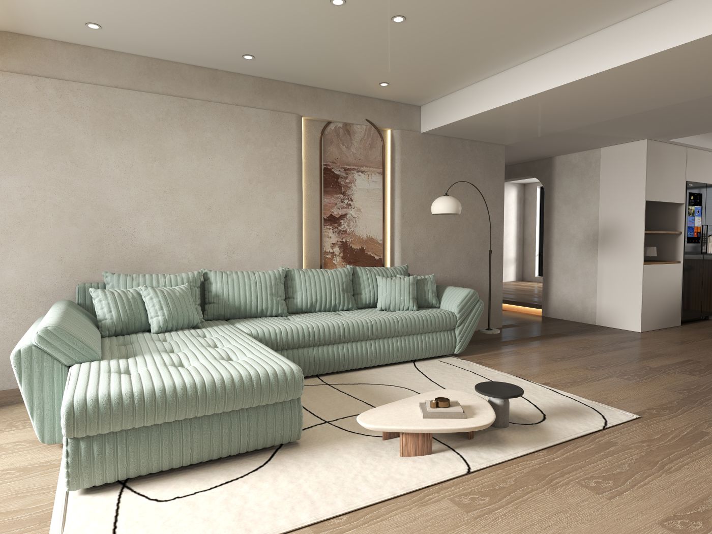 Colțar extensibil dumonde cu ladă de depozitare si sezut confortabil din spuma HR, Loana XL Ambience Mint 335x185 cm Fabrica