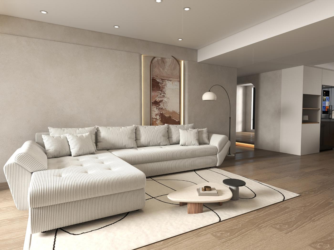 Colțar extensibil dumonde cu ladă de depozitare si sezut confortabil din spuma HR, Loana XL Zoom Cream 335x185 cm Fabrica