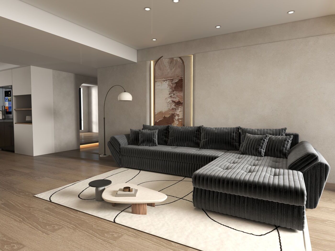 Colțar extensibil dumonde cu ladă de depozitare si sezut confortabil din spuma HR, Loana XL Ambience Gri II 335x185 cm Fabrica