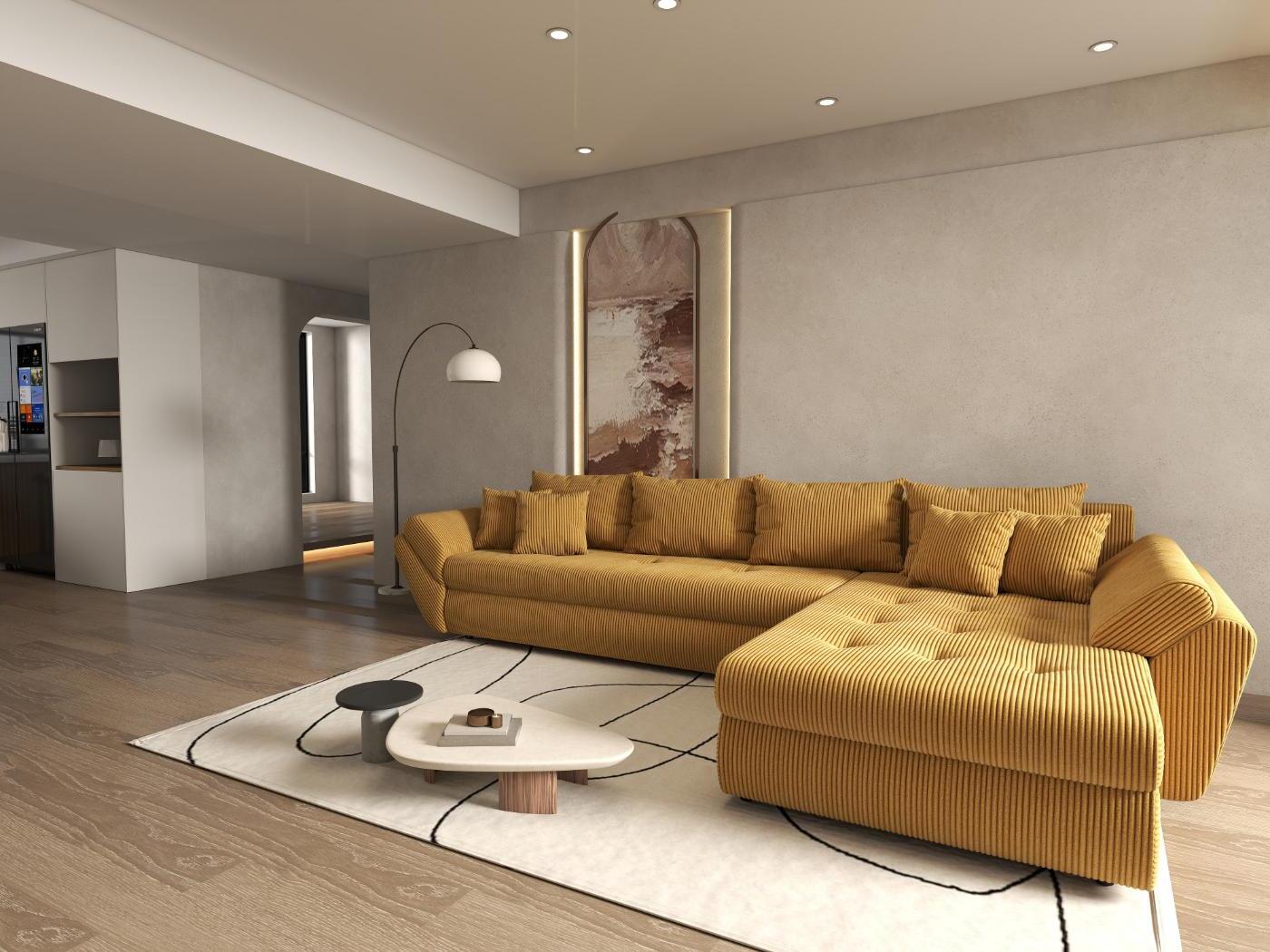 Colțar extensibil dumonde cu ladă de depozitare si sezut confortabil din spuma HR, Loana XL Zoom Mustar II 335x185 cm Fabrica