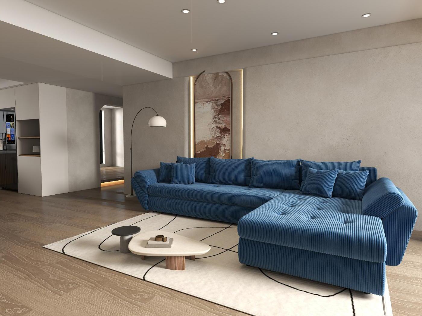 Colțar extensibil dumonde cu ladă de depozitare si sezut confortabil din spuma HR, Loana XL Zoom Albastru II 335x185 cm Fabrica