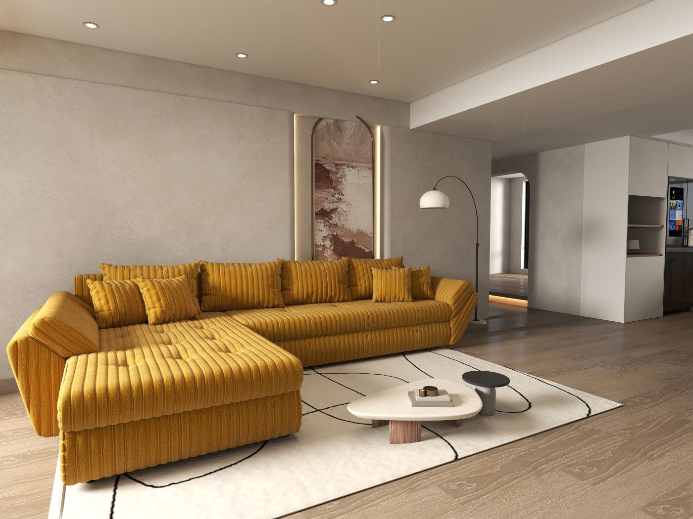 Colțar extensibil dumonde cu ladă de depozitare si sezut confortabil din spuma HR, Loana XL Ambience Mustar 335x185 cm Fabrica