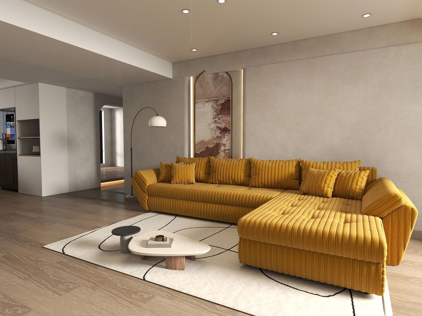 Colțar extensibil dumonde cu ladă de depozitare si sezut confortabil din spuma HR, Loana XL Ambience Mustar II 335x185 cm Fabrica