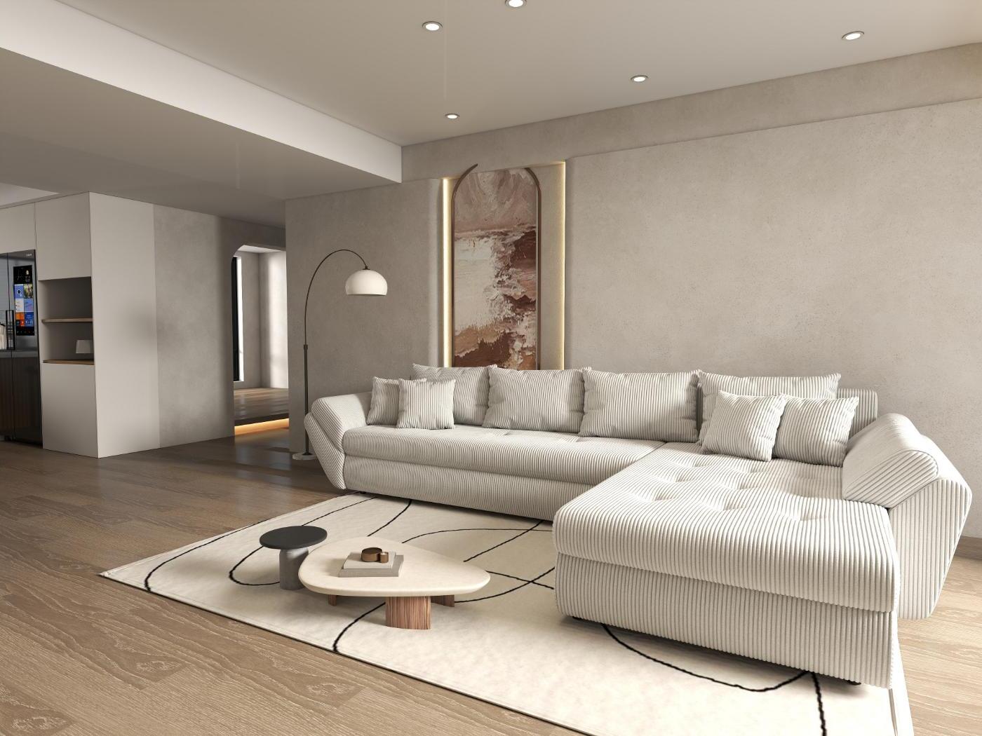 Colțar extensibil dumonde cu ladă de depozitare si sezut confortabil din spuma HR, Loana XL Zoom Cream II 335x185 cm Fabrica