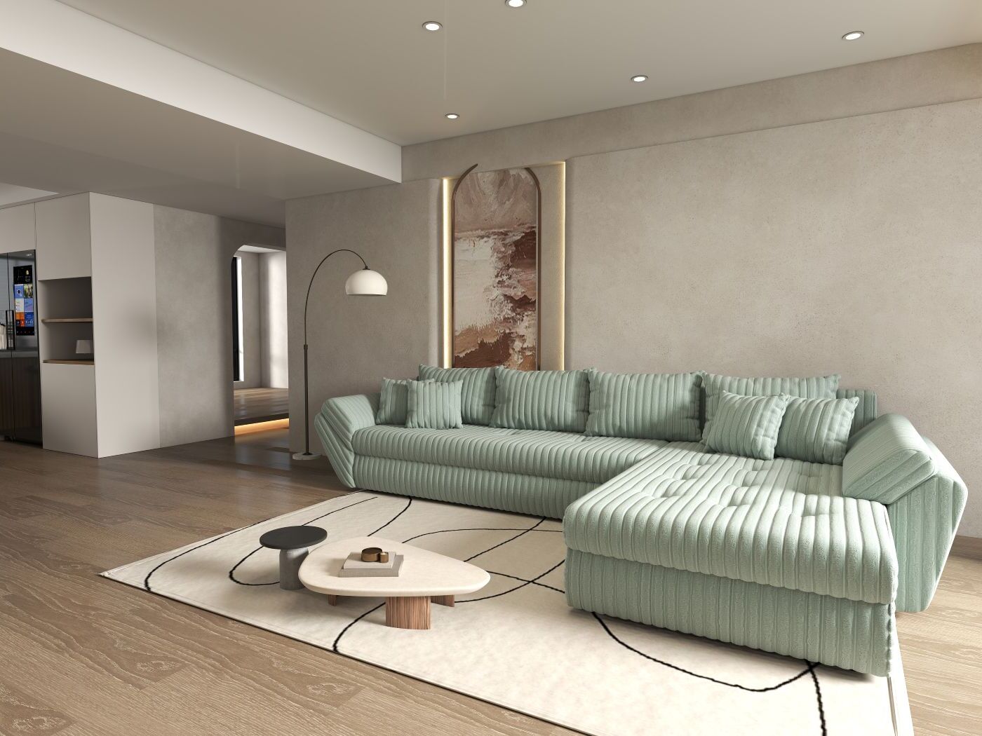 Colțar extensibil dumonde cu ladă de depozitare si sezut confortabil din spuma HR, Loana XL Ambience Mint II 335x185 cm Fabrica