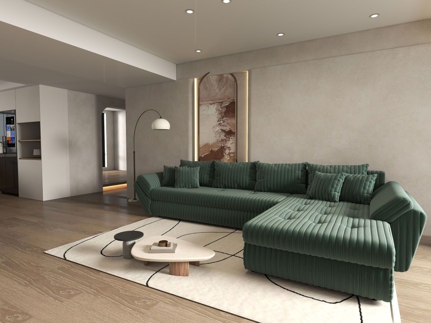 Colțar extensibil dumonde cu ladă de depozitare si sezut confortabil din spuma HR, Loana XL Ambience Verde II 335x185 cm Fabrica