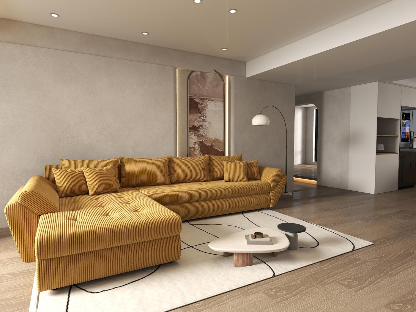 Colțar extensibil dumonde cu ladă de depozitare si sezut confortabil din spuma HR, Loana XL Zoom Mustar 335x185 cm Fabrica