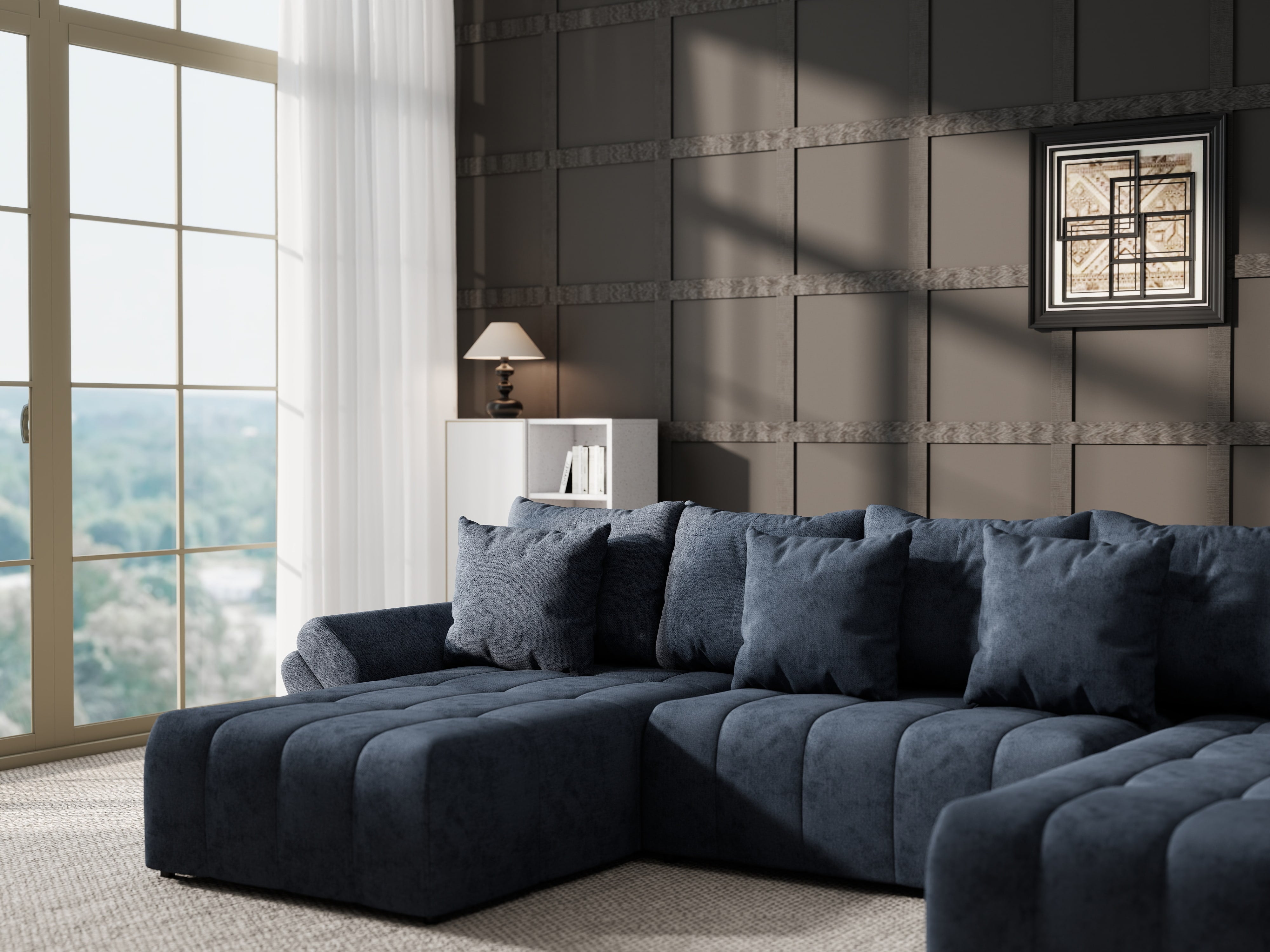 Colțar extensibil dumonde cu ladă de depozitare si sezut confortabil din spuma HR, Berlin U Enjoy Antracit 380x180 cm Fabrica