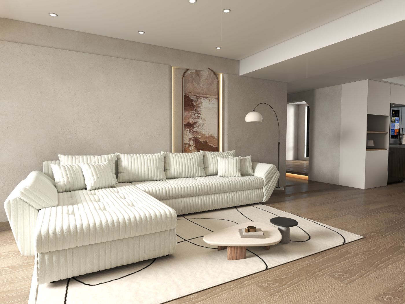 Colțar extensibil dumonde cu ladă de depozitare si sezut confortabil din spuma HR, Loana XL Ambience Ivory 335x185 cm Fabrica