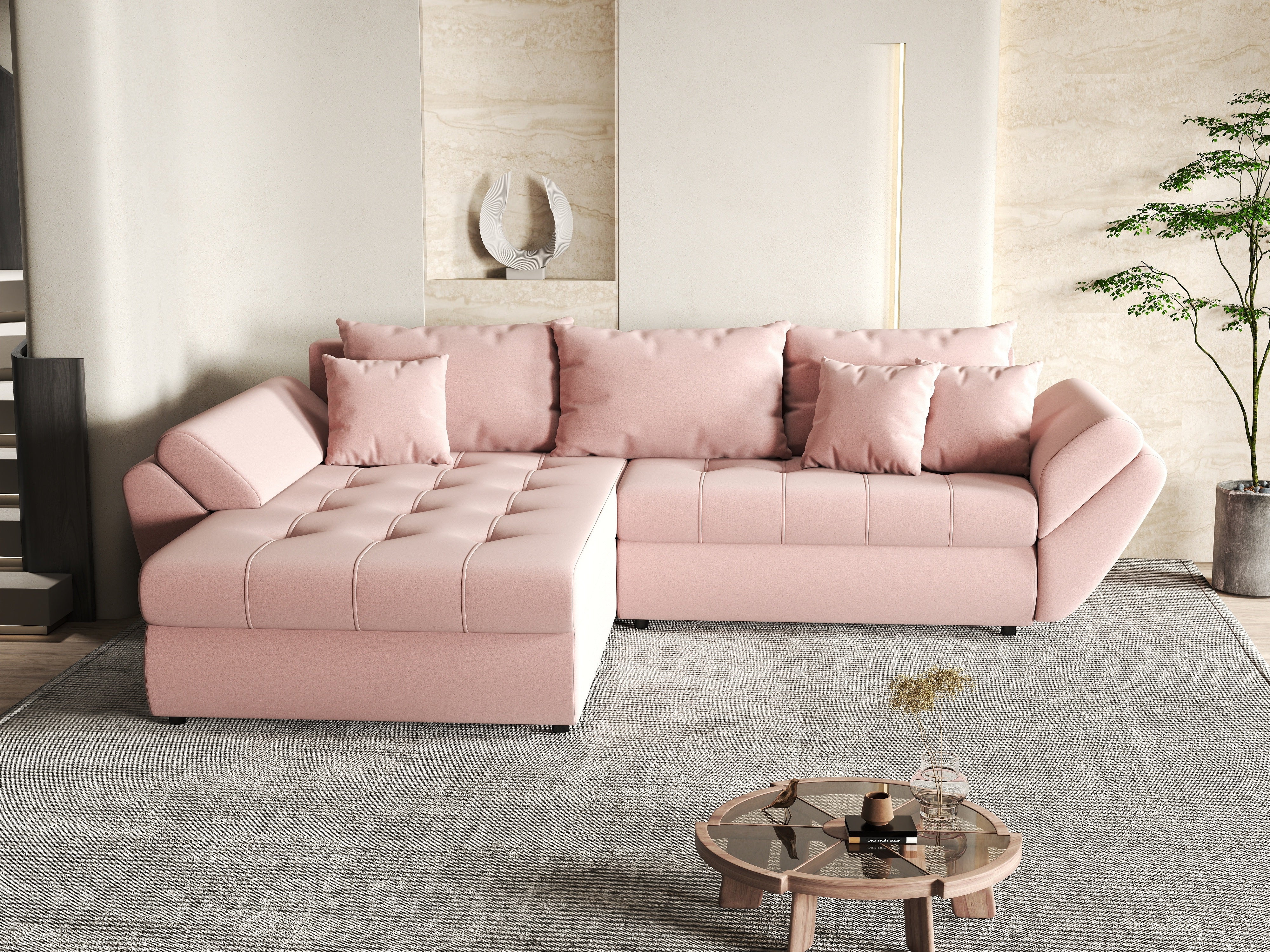 Colțar extensibil dumonde cu ladă de depozitare si sezut confortabil din spuma HR, Loana Royal Pink 270x185 cm Fabrica