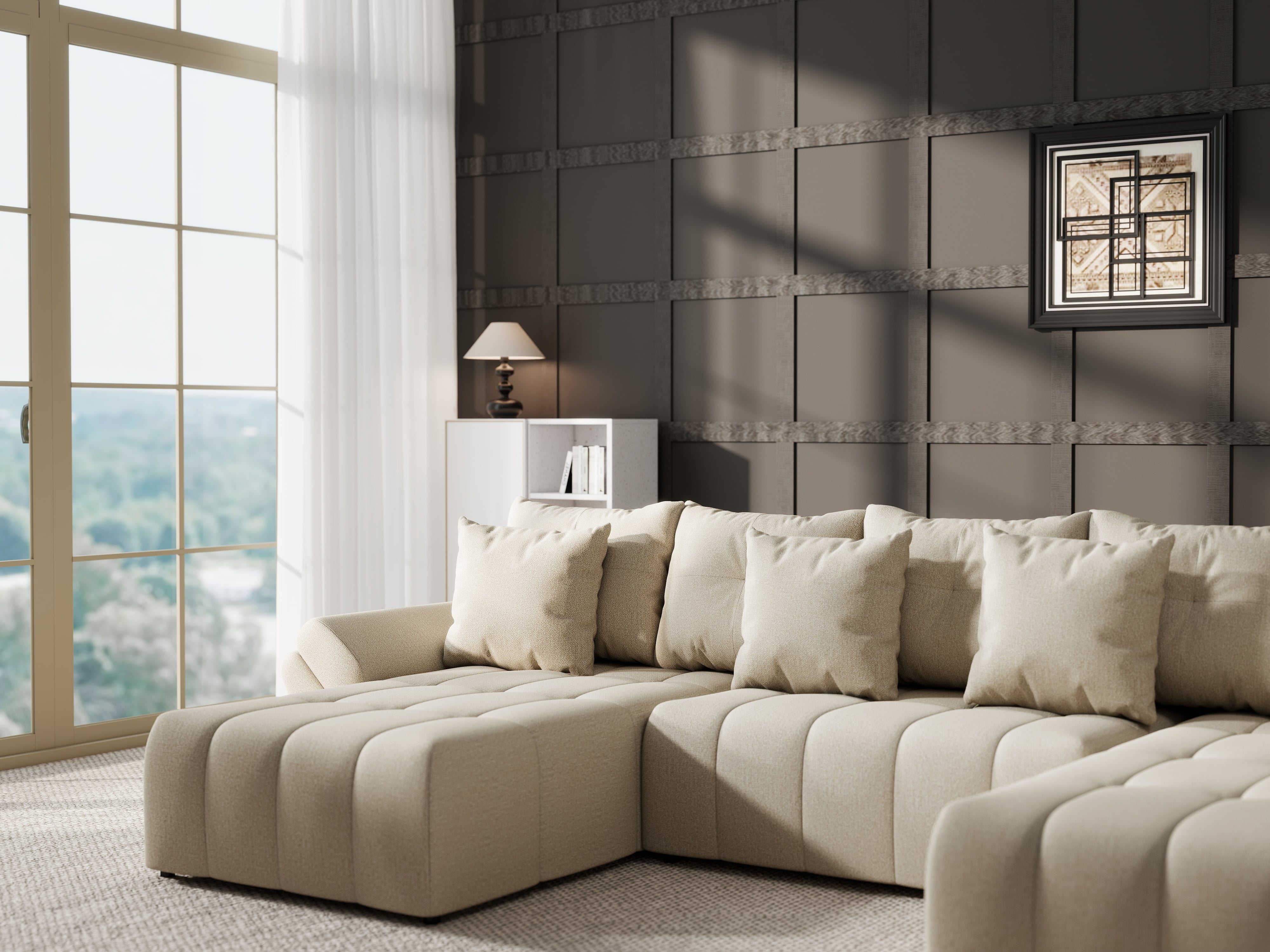 Colțar extensibil dumonde cu ladă de depozitare si sezut confortabil din spuma HR, Berlin U Enjoy Camel 380x180 cm Fabrica