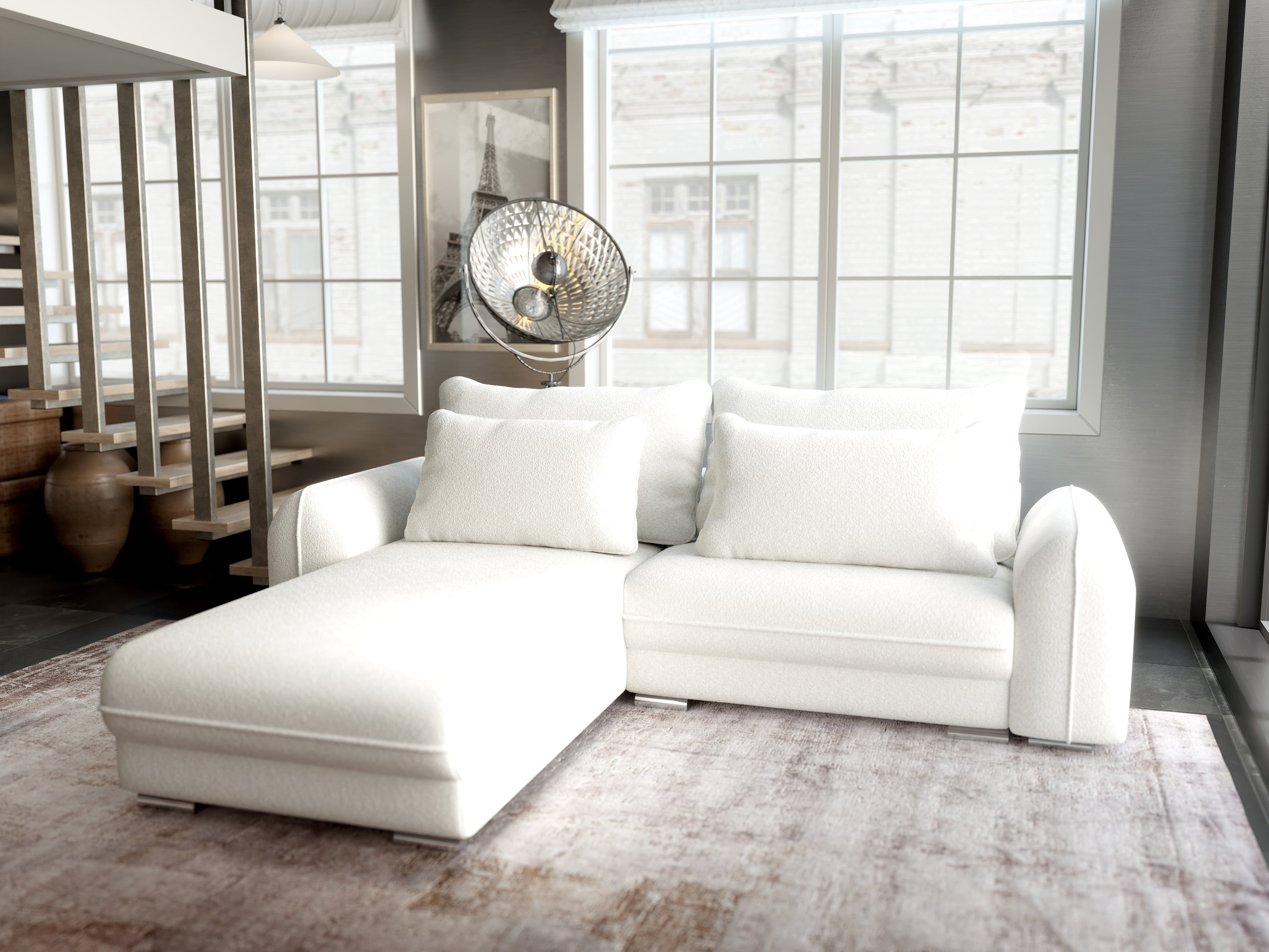 Colțar extensibil dumonde cu ladă de depozitare si sezut confortabil din spuma HR, Denver Euphoria Ivory 275x185 cm Fabrica