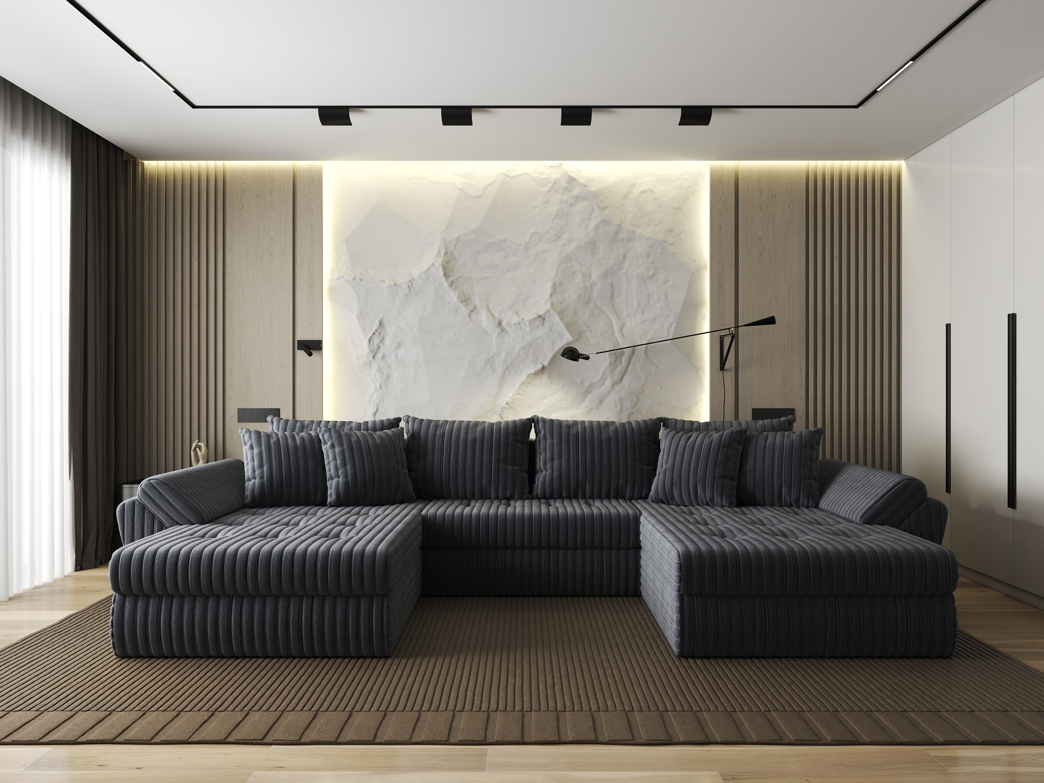 Colțar extensibil dumonde cu ladă de depozitare si sezut confortabil din spuma HR, Loana U Ambience Grey 355x185 cm Fabrica