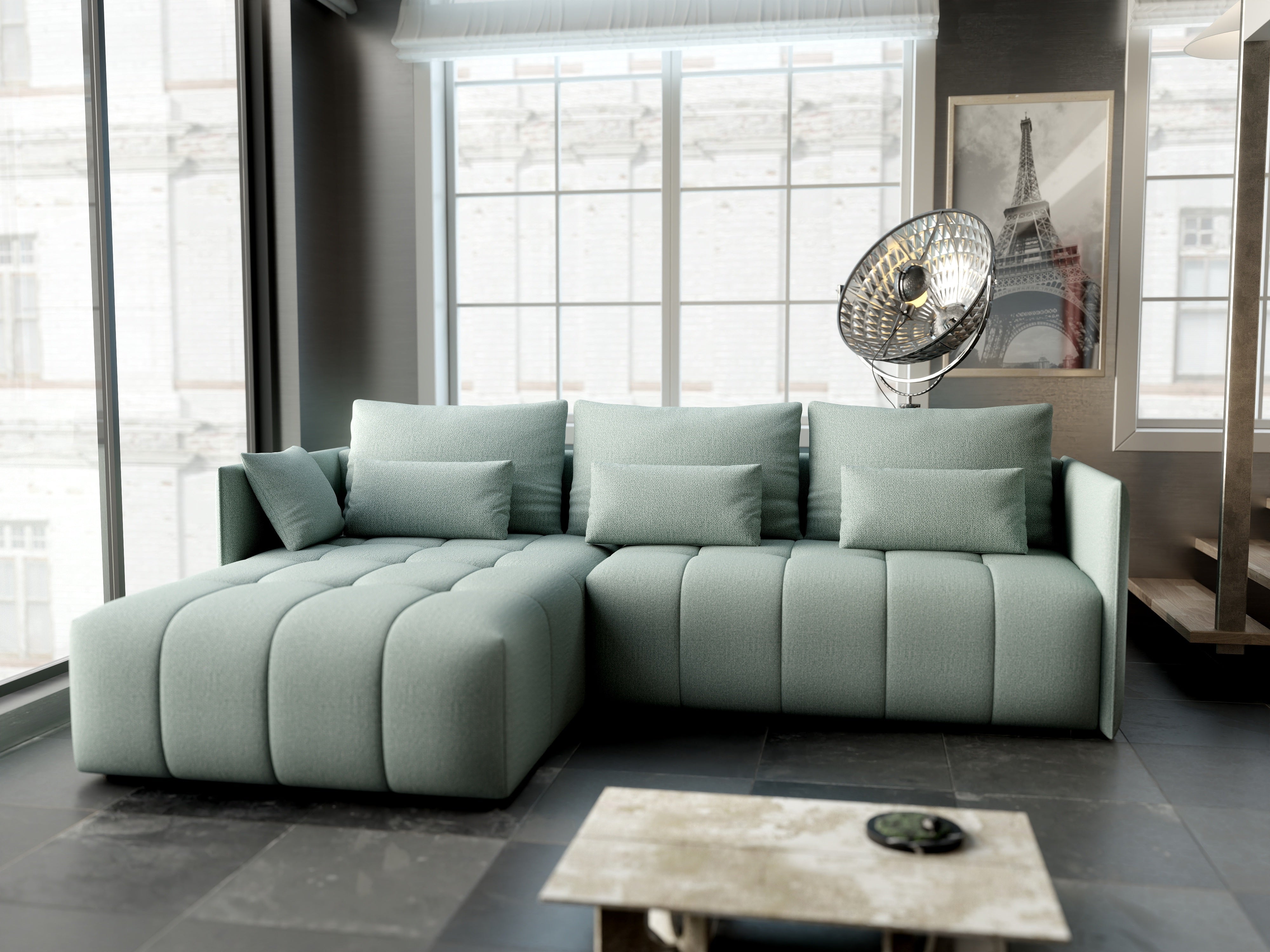 Colțar extensibil dumonde cu ladă de depozitare si sezut confortabil din spuma HR, Malta Mint 235x185 cm Fabrica