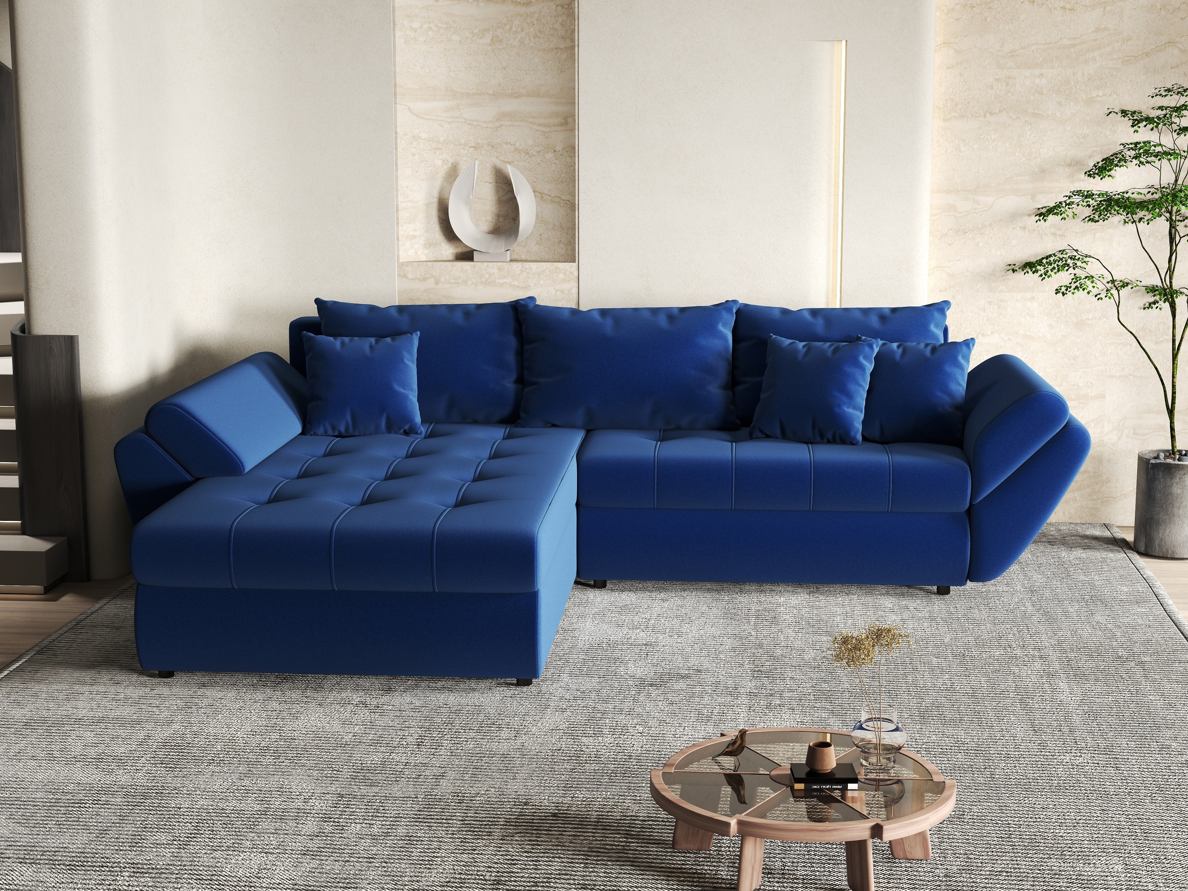 Colțar extensibil dumonde cu ladă de depozitare si sezut confortabil din spuma HR, Loana Royal Blue 270x185 cm Fabrica