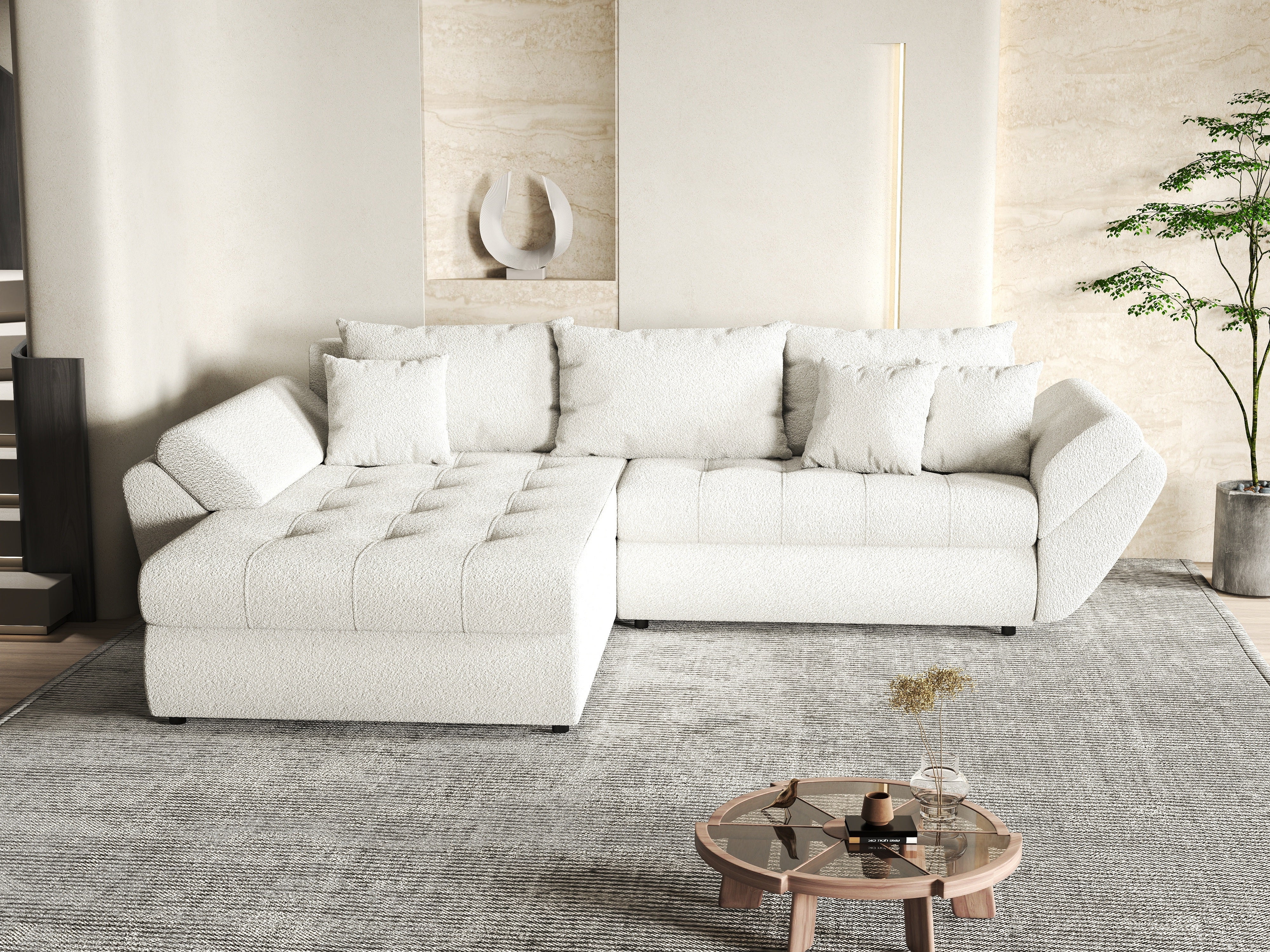 Colțar extensibil dumonde cu ladă de depozitare si sezut confortabil din spuma HR, Loana Euphoria Ivory 270x185 cm Fabrica