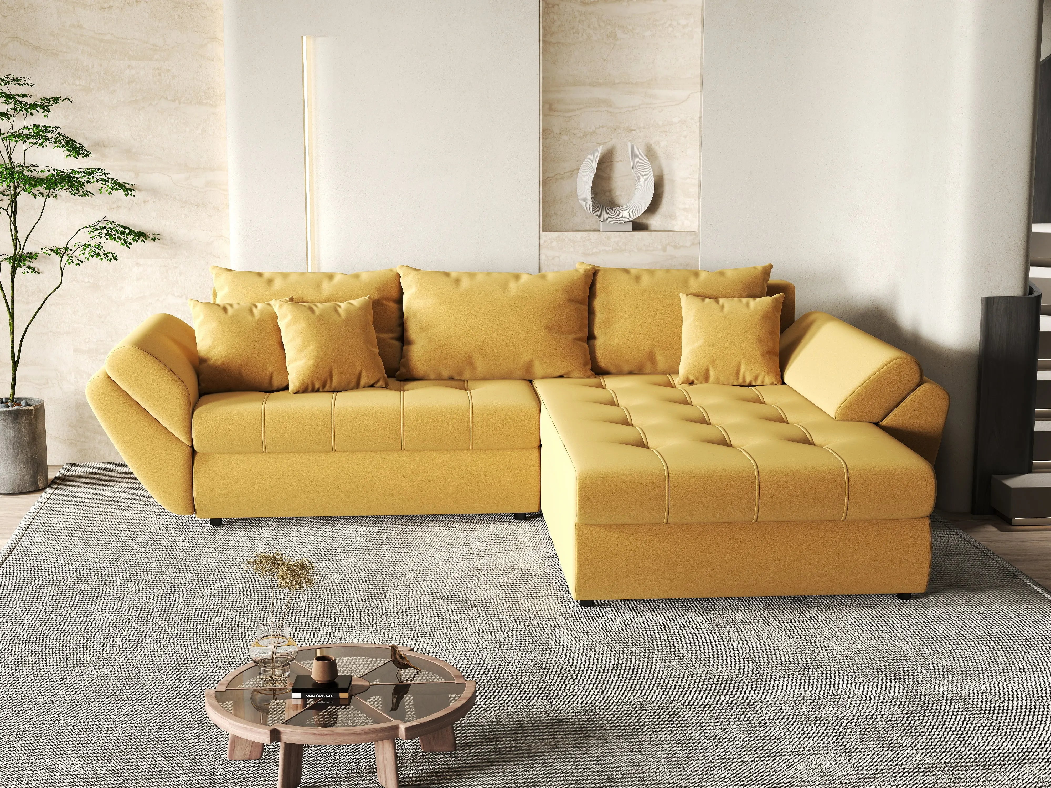 Colțar extensibil dumonde cu ladă de depozitare si sezut confortabil din spuma HR, Loana Muștar II 270x185 cm Fabrica