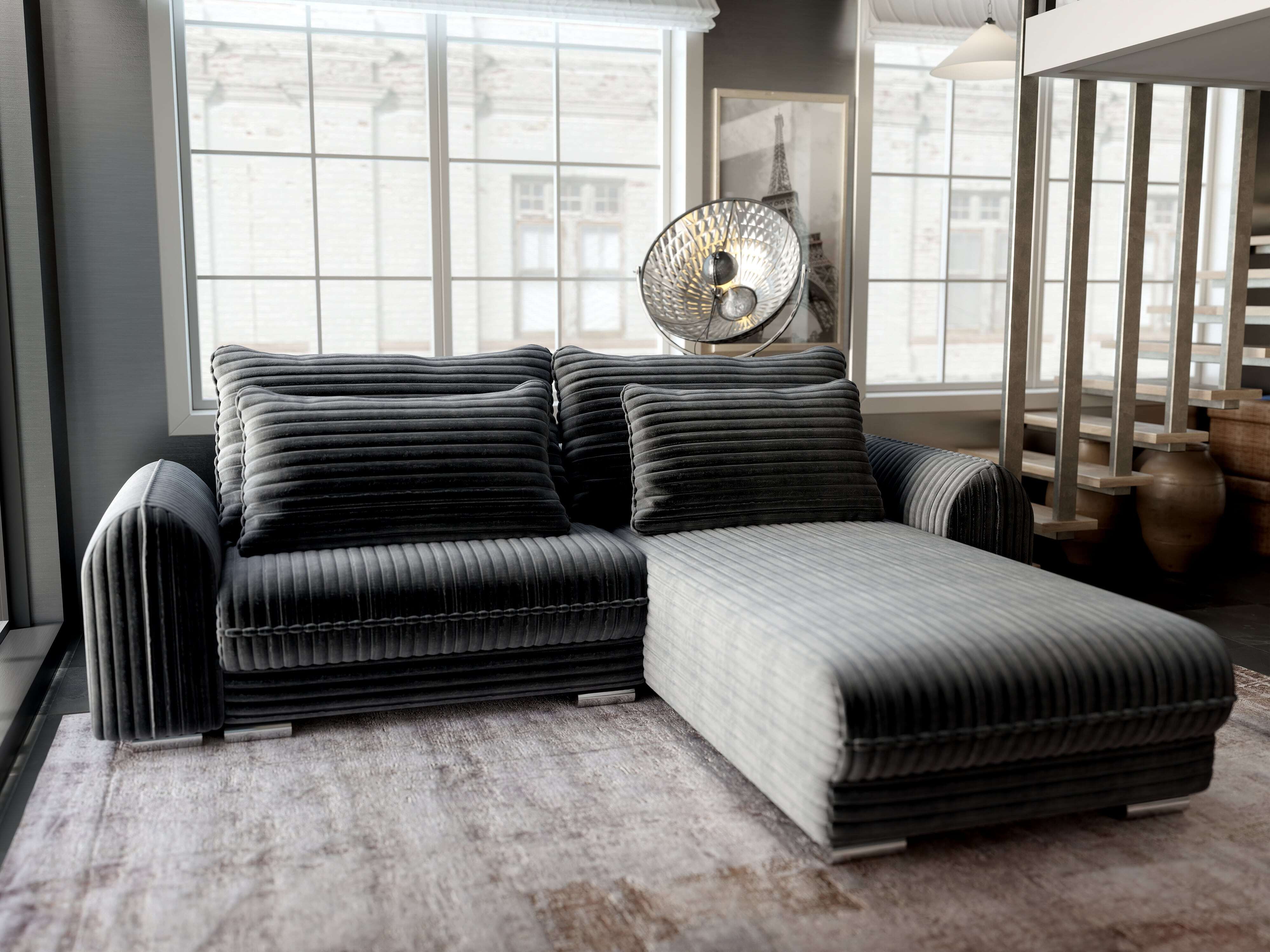 Colțar extensibil dumonde cu ladă de depozitare si sezut confortabil din spuma HR, Denver Ambience Gri 275x185 cm II Fabrica