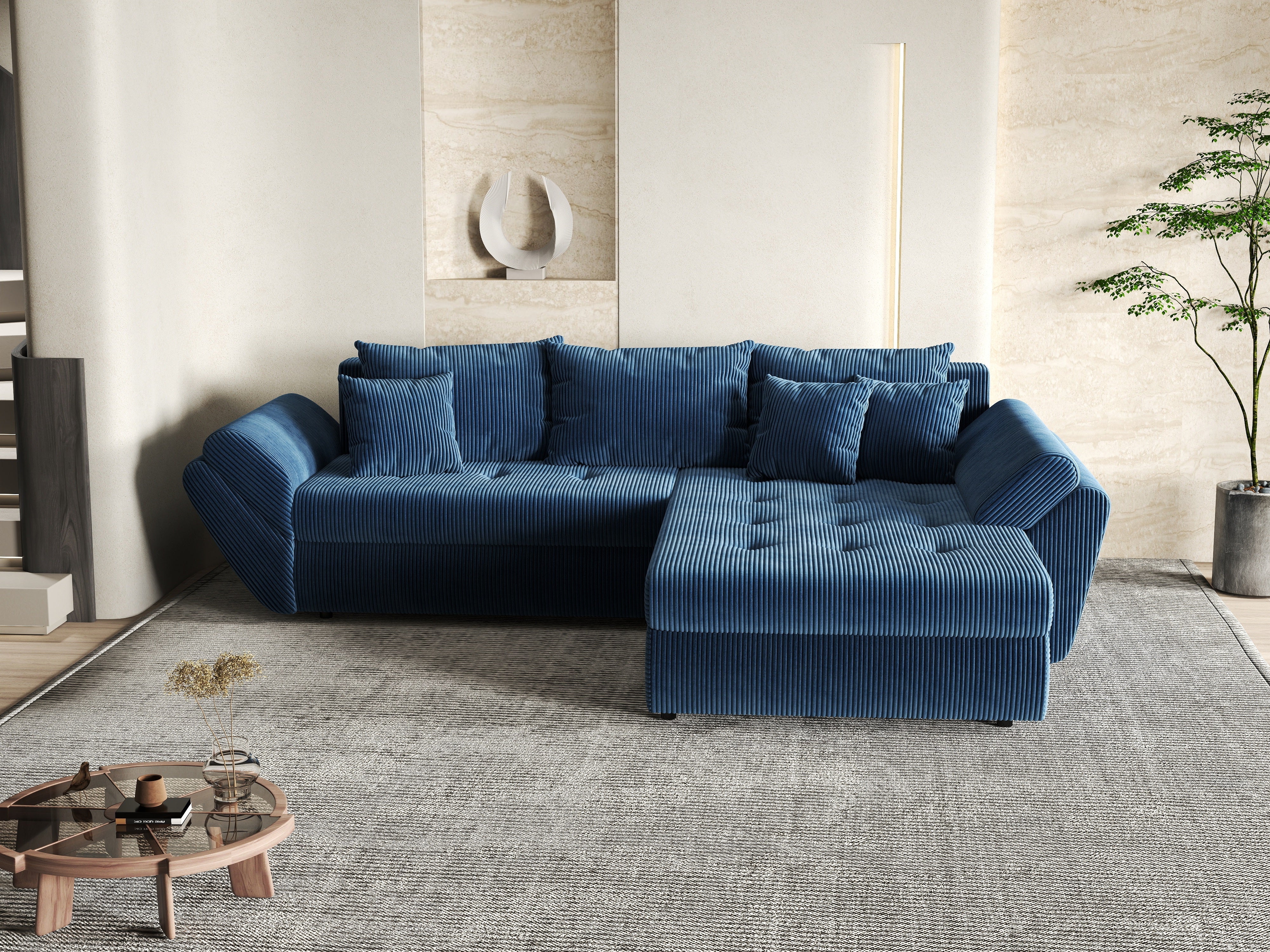 Colțar extensibil dumonde cu ladă de depozitare si sezut confortabil din spuma HR, Loana Zoom Blue II 270x185 cm Fabrica