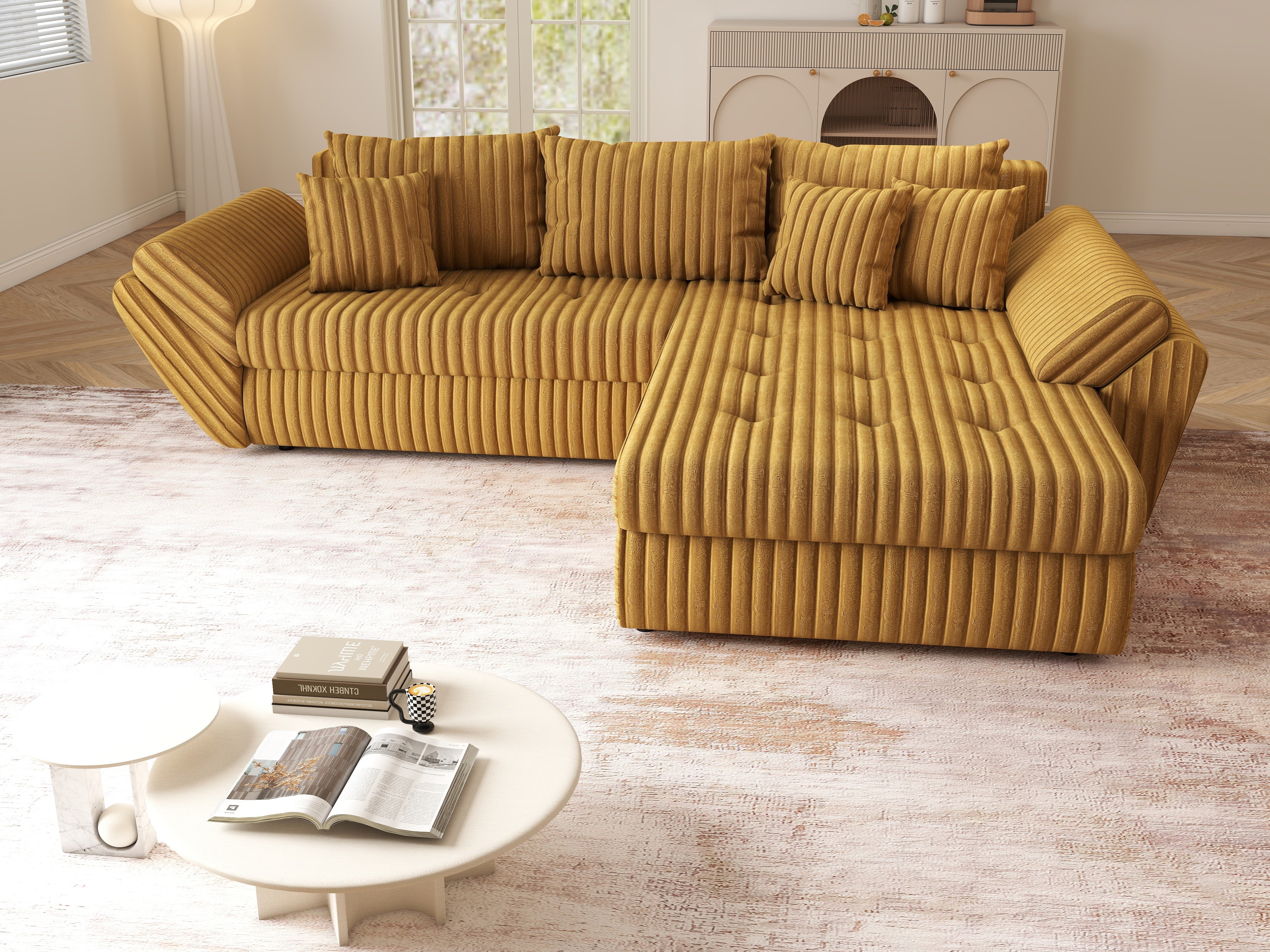 Colțar extensibil dumonde cu ladă de depozitare si sezut confortabil din spuma HR, Loana Ambience Mustar II 270x185 cm Fabrica