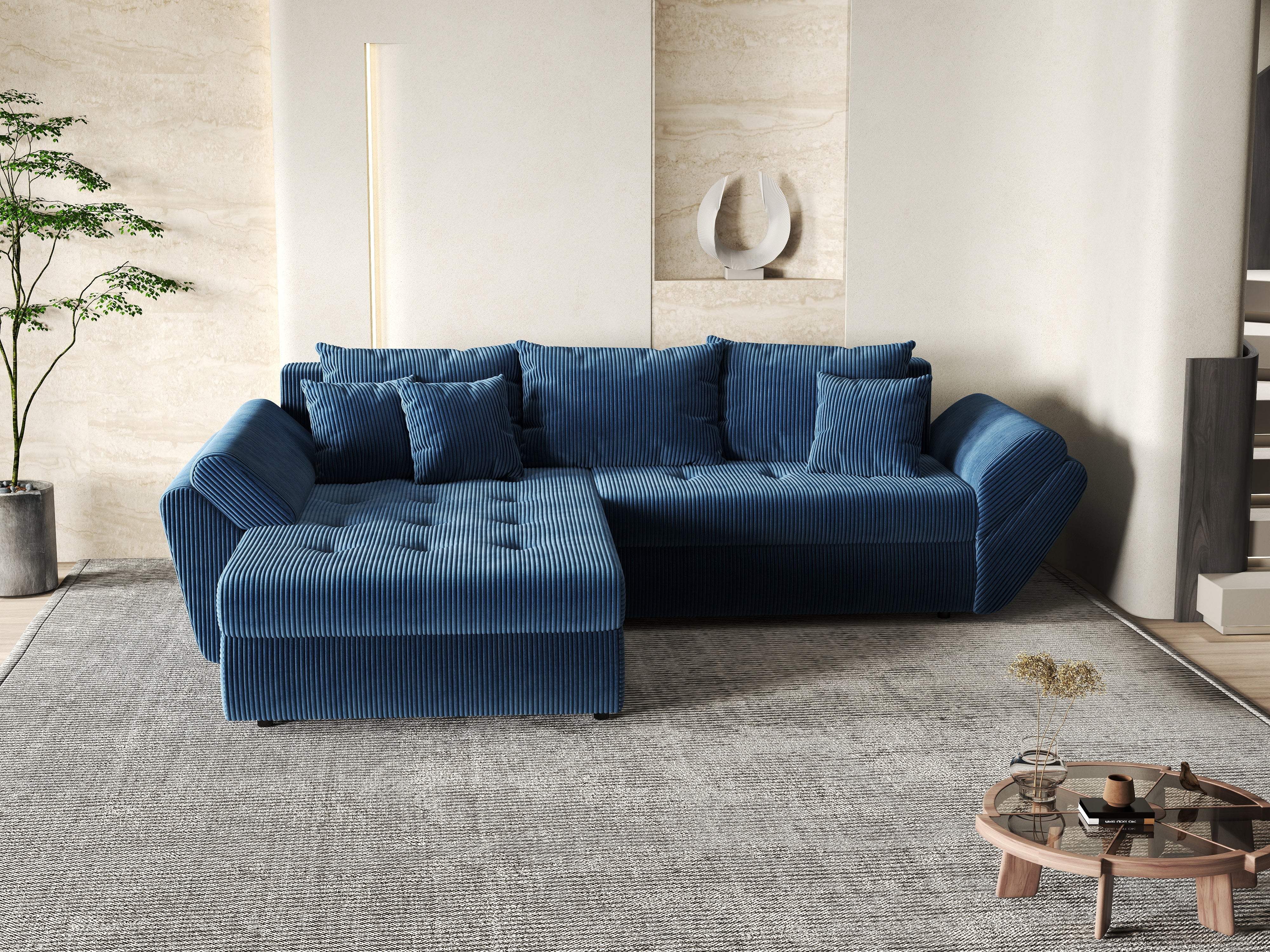 Colțar extensibil dumonde cu ladă de depozitare si sezut confortabil din spuma HR, Loana Zoom Blue 270x185 cm Fabrica